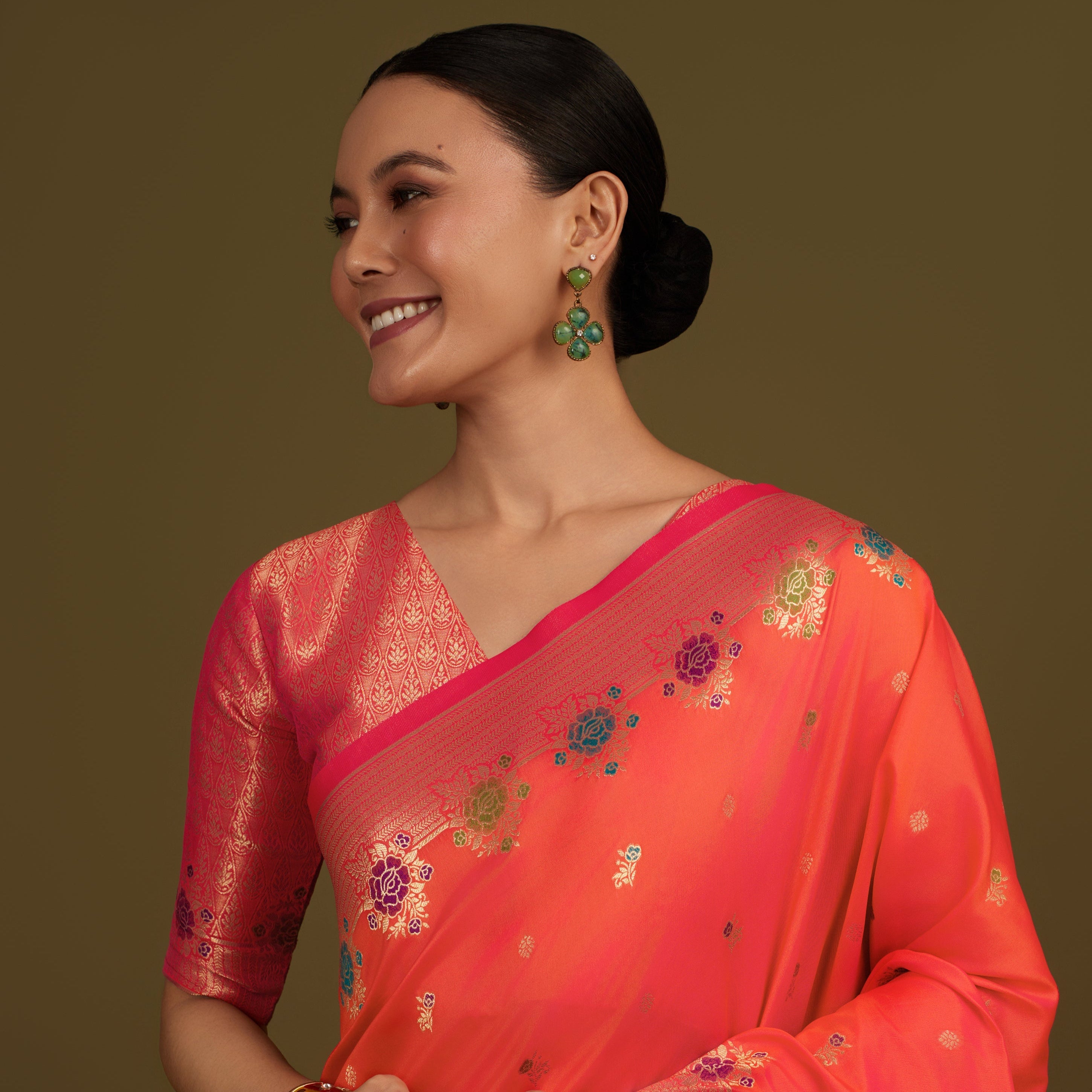 Dark Peach Banarasi Silk Blend Zari Woven Saree