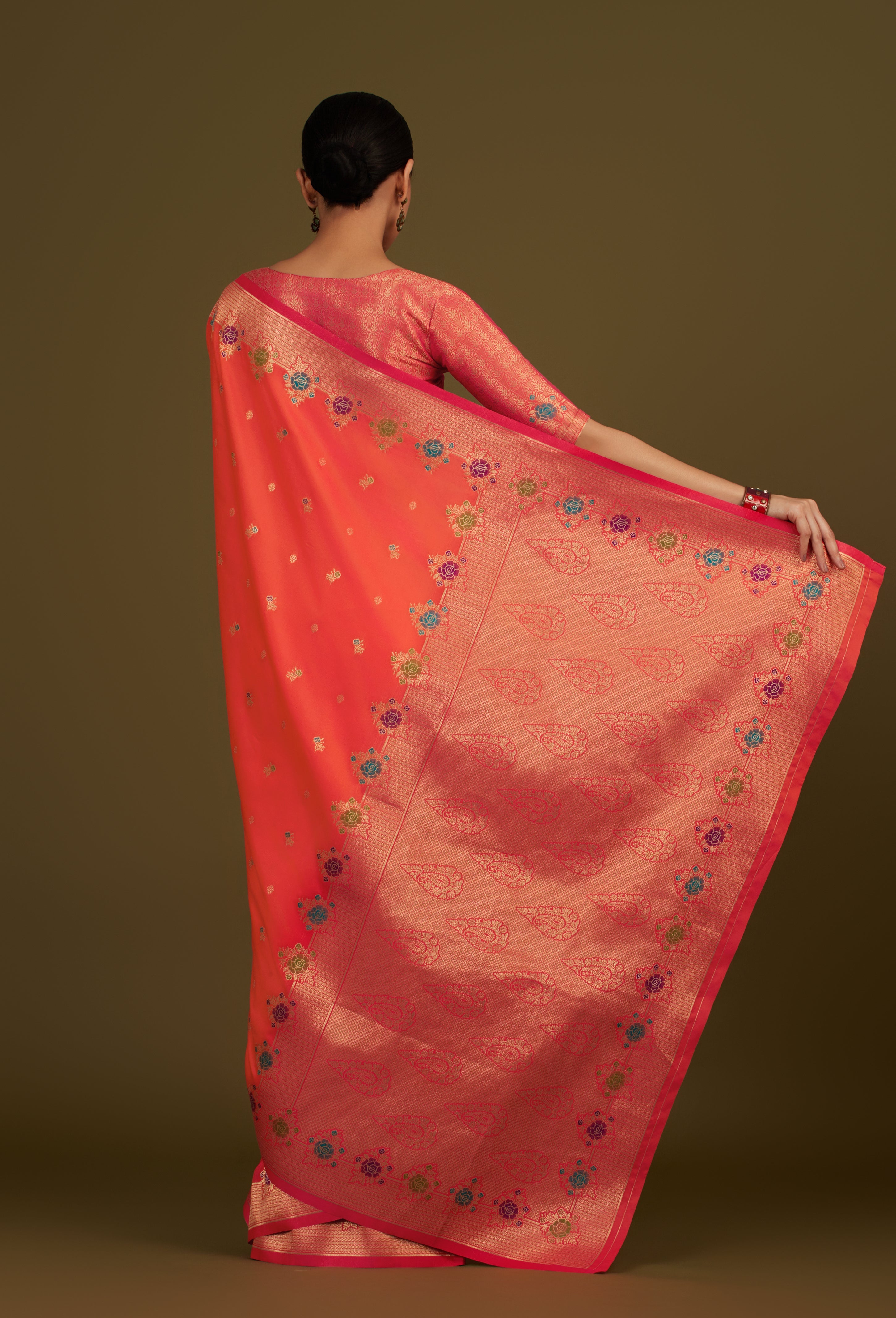Dark Peach Banarasi Silk Blend Zari Woven Saree