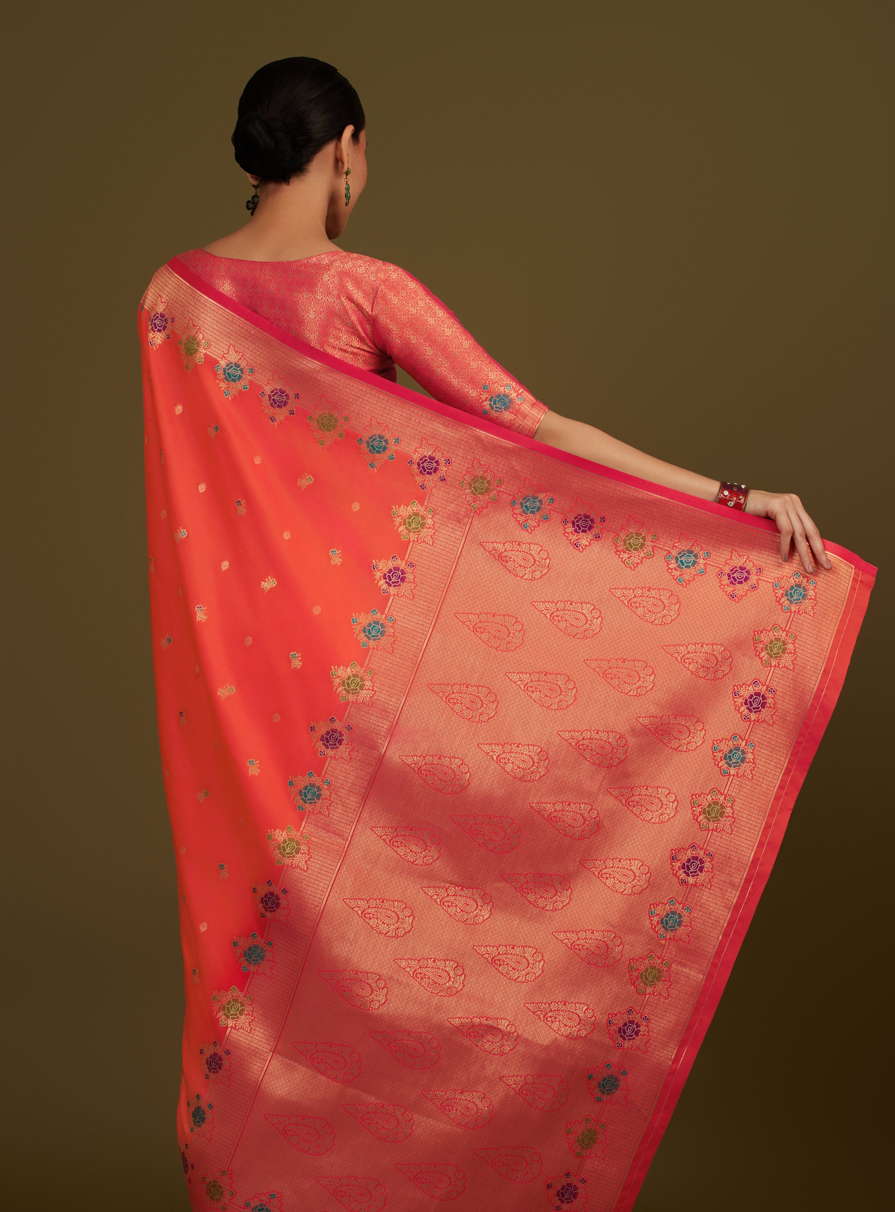 Dark Peach Banarasi Silk Blend Zari Woven Saree