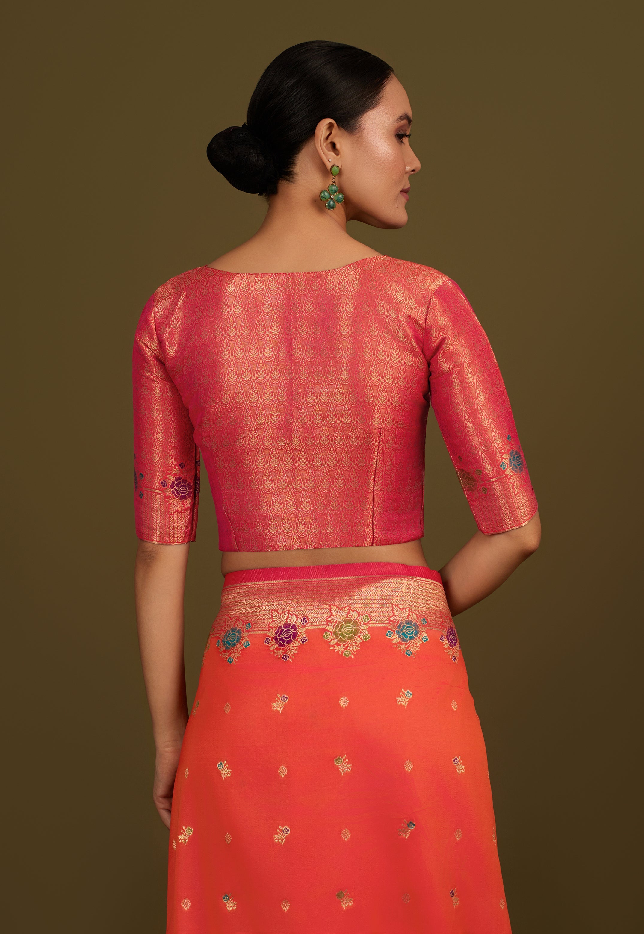 Dark Peach Banarasi Silk Blend Zari Woven Saree