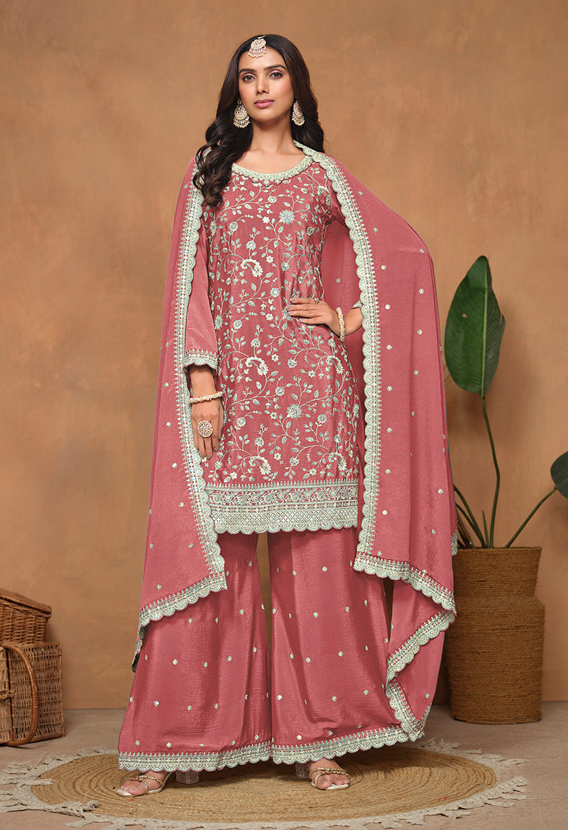 Dark Peach Chinon Embroidered Designer Palazzo Suit