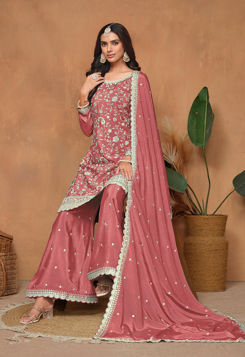 Dark Peach Chinon Embroidered Designer Palazzo Suit