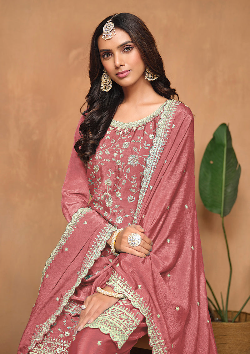 Dark Peach Chinon Embroidered Designer Palazzo Suit