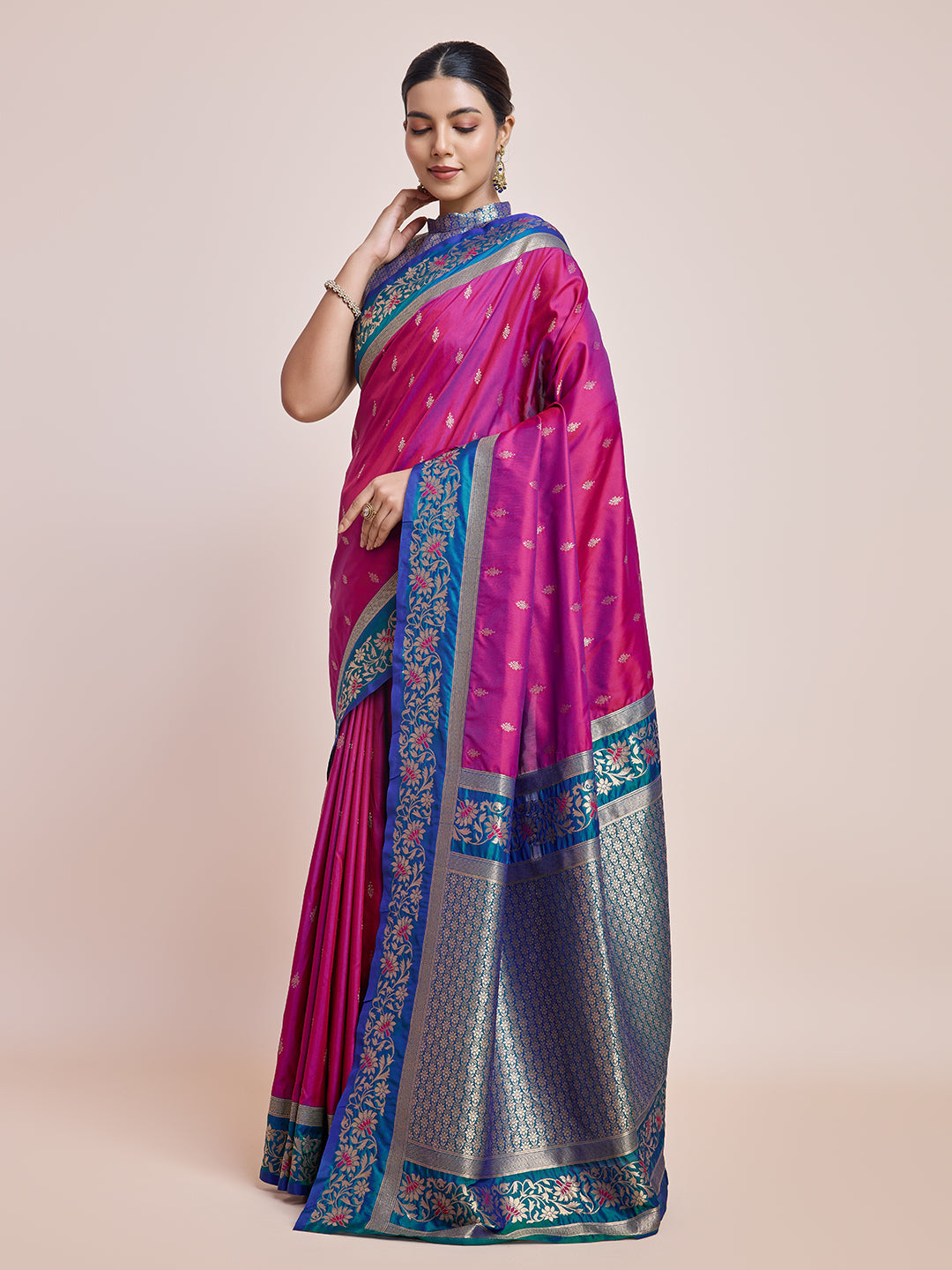 Cyan Banarasi Satin Silk Woven Classic Saree - Monjolika Fashion