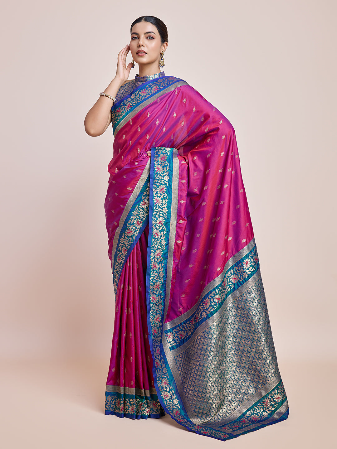 Cyan Banarasi Satin Silk Woven Classic Saree - Monjolika Fashion