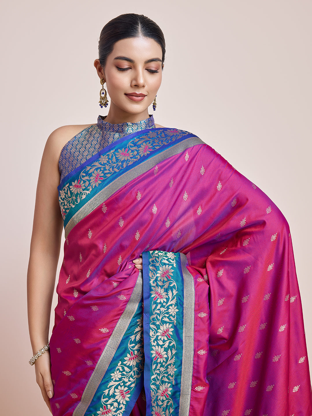 Cyan Banarasi Satin Silk Woven Classic Saree - Monjolika Fashion