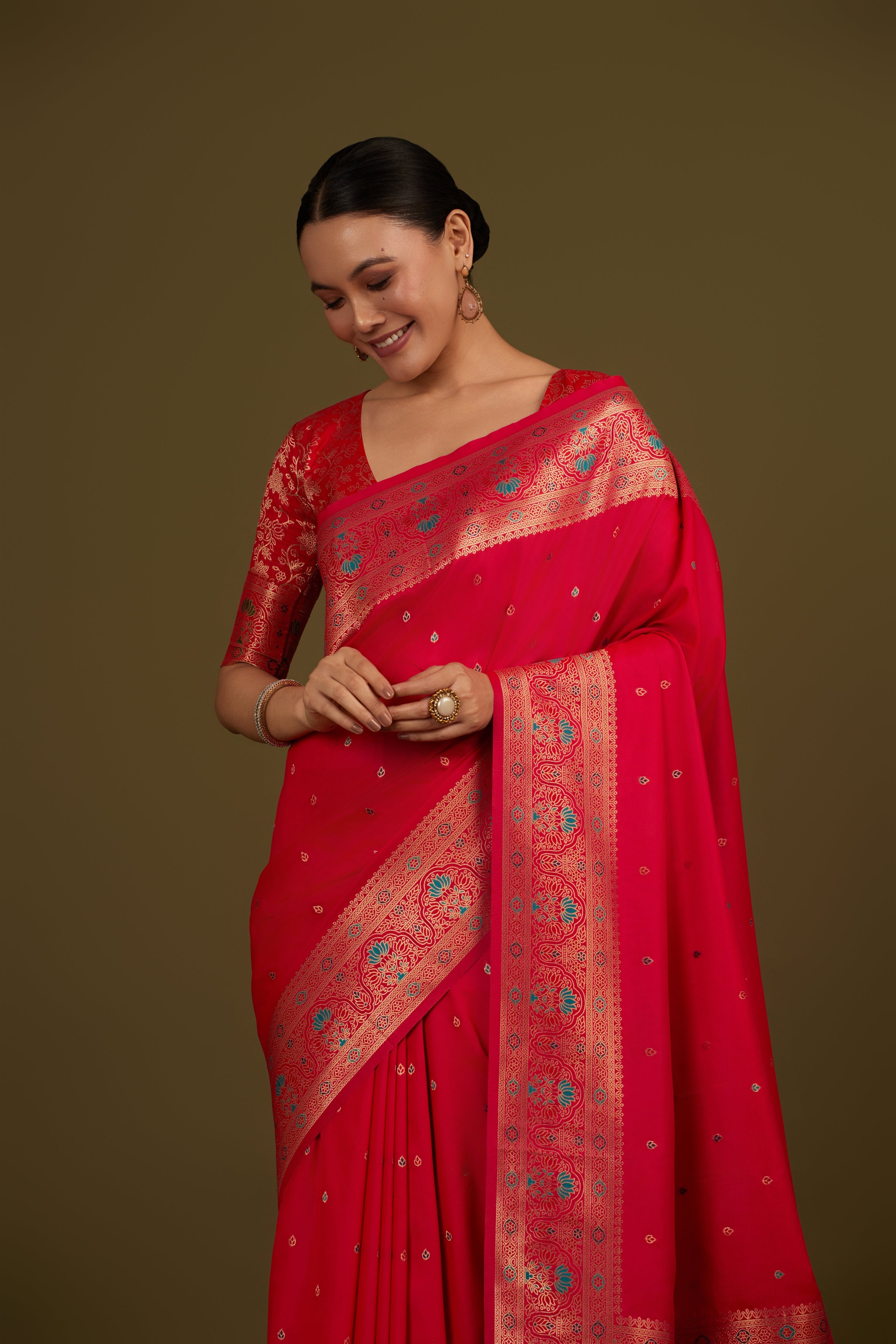 Cyan Banarasi Silk Blend Brocade Motifs Zari Woven Saree