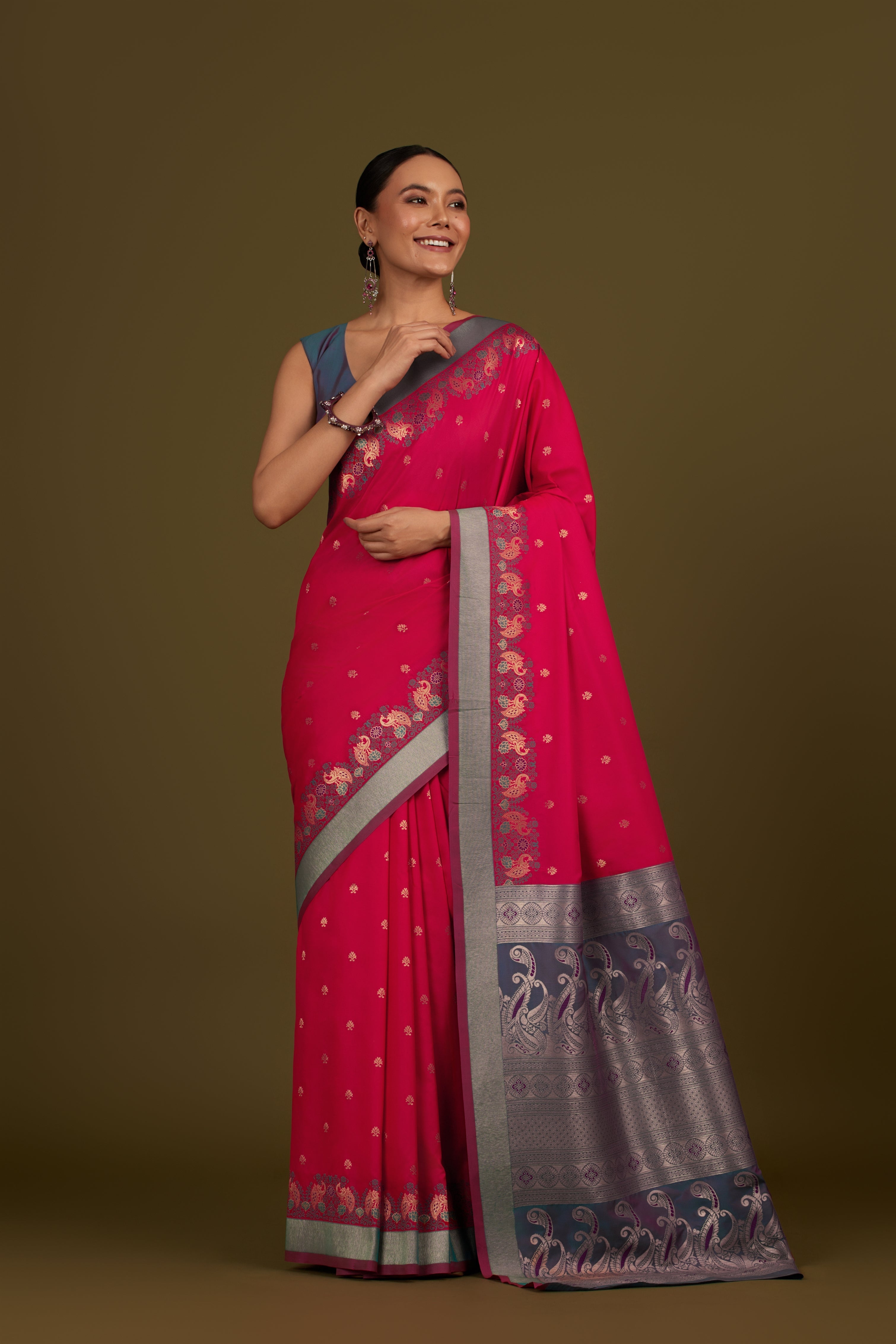 Dark Pink Banarasi Silk Blend Paisley Zari Pallu Saree