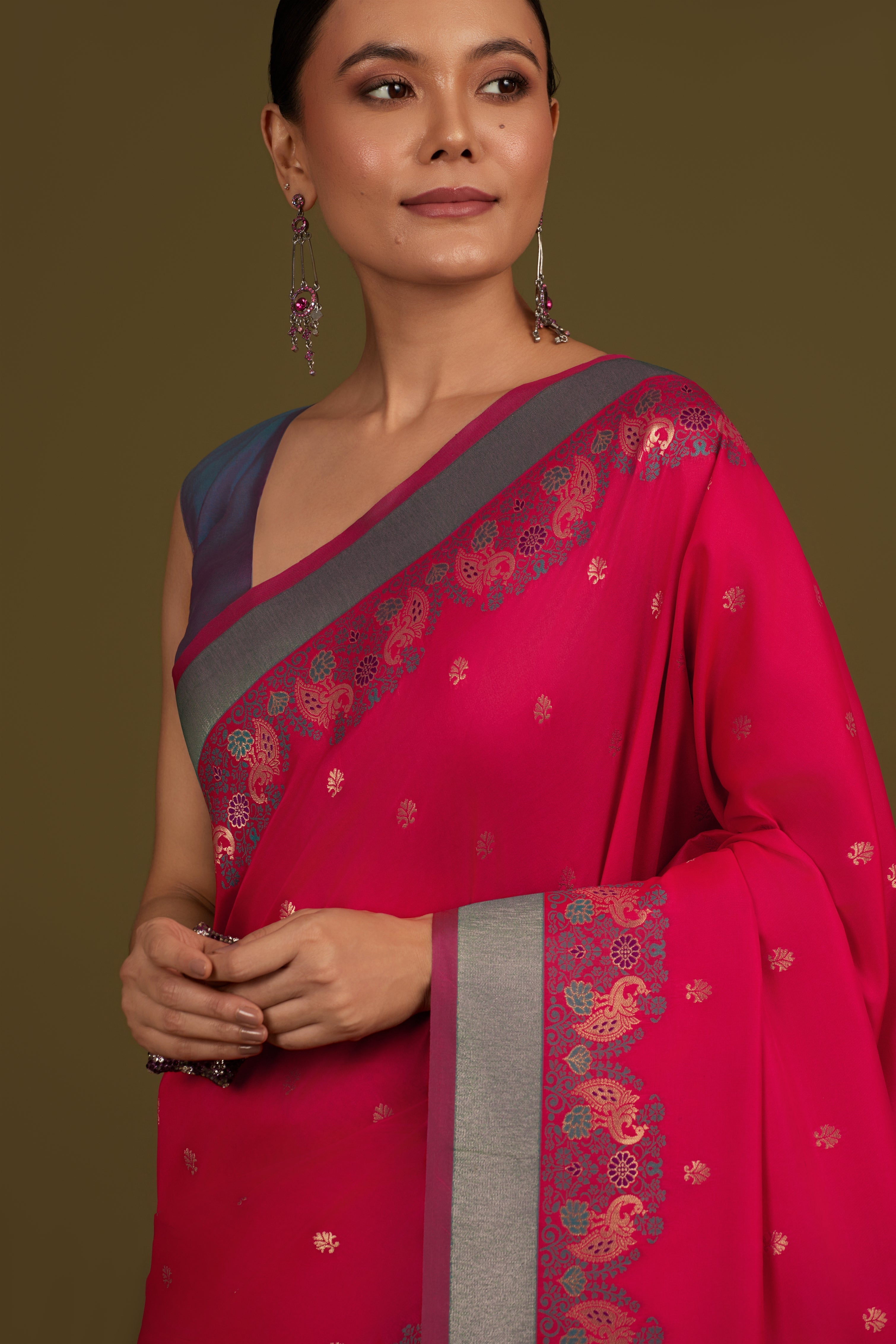 Dark Pink Banarasi Silk Blend Paisley Zari Pallu Saree
