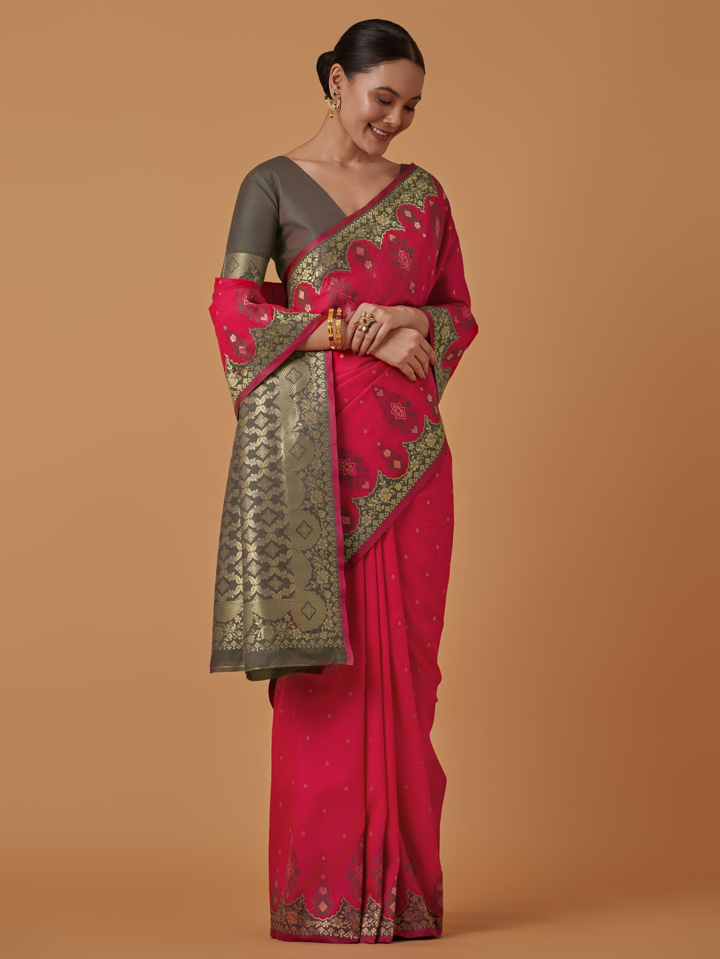 Dark Pink Banarasi Silk Blend Zari Woven Contemporary Saree