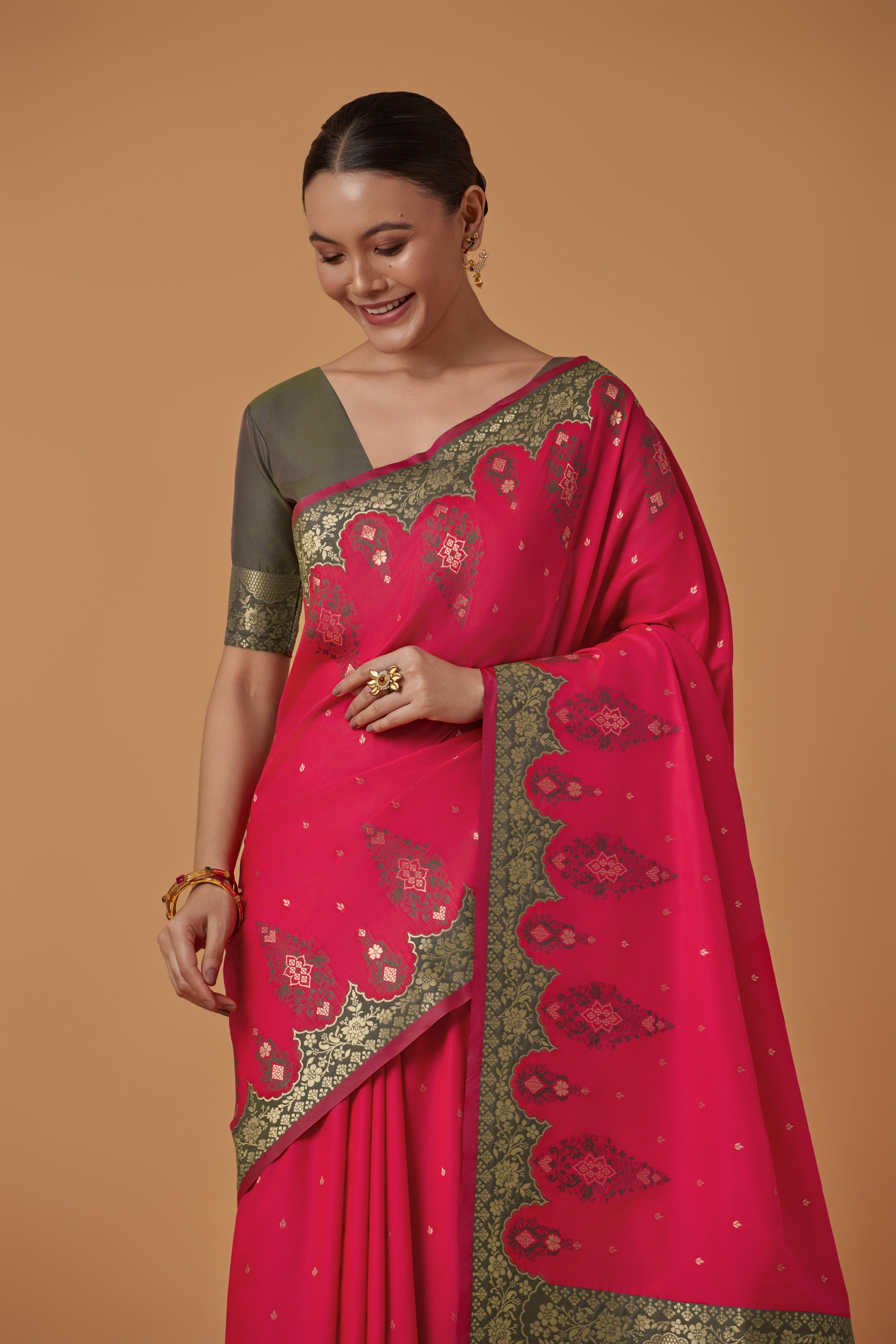 Dark Pink Banarasi Silk Blend Zari Woven Contemporary Saree