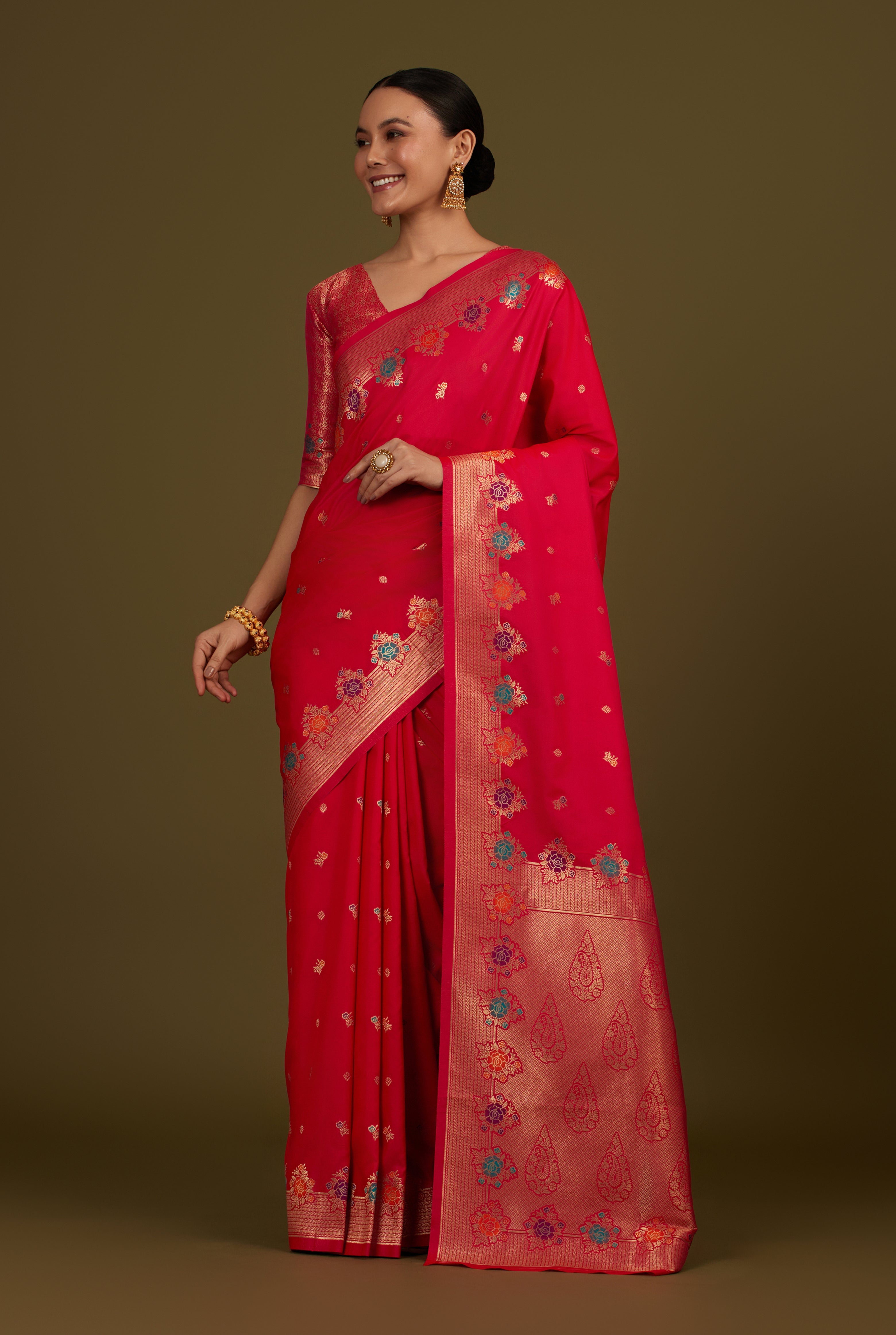 Dark Pink Banarasi Silk Blend Zari Woven Saree