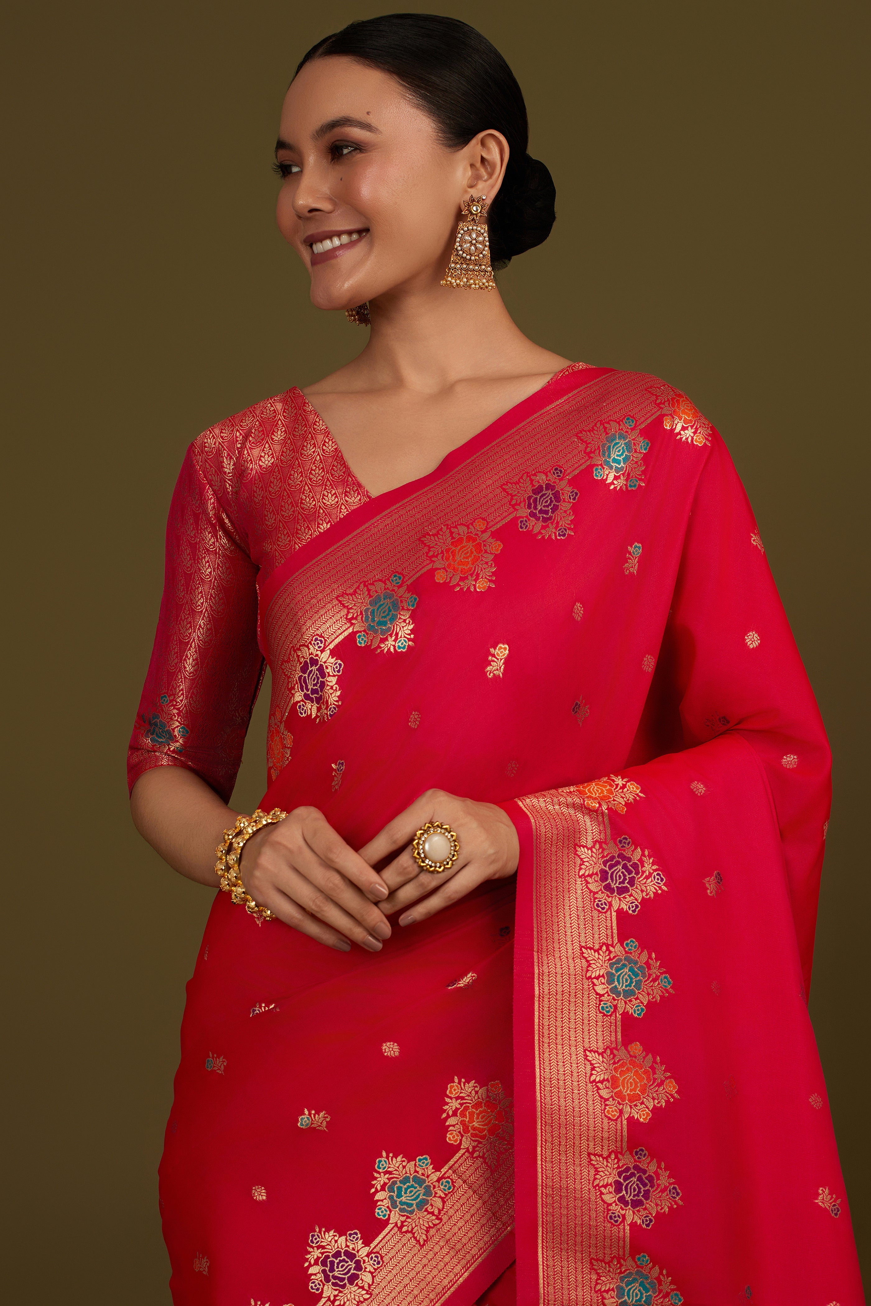 Dark Pink Banarasi Silk Blend Zari Woven Saree