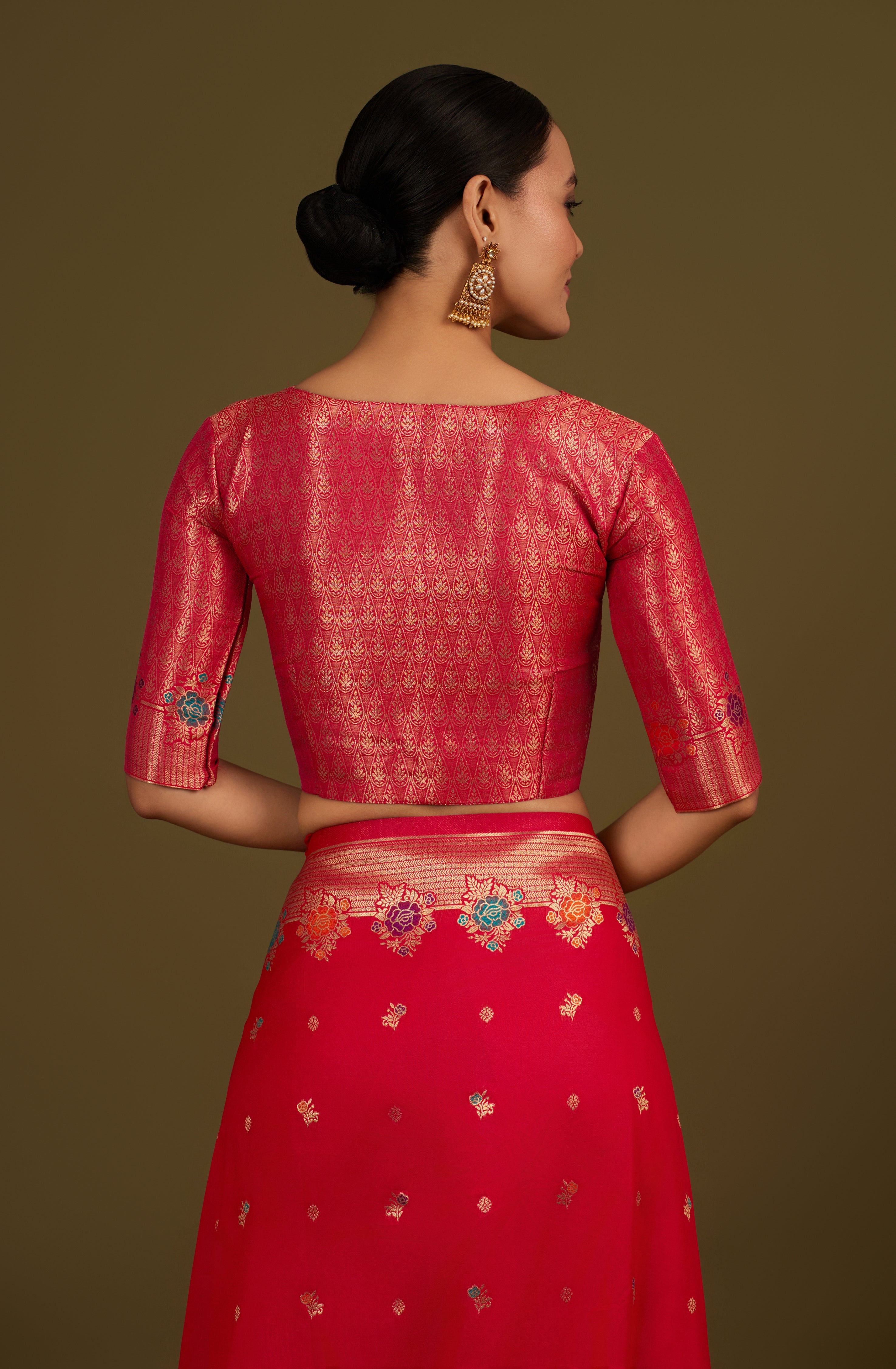 Dark Pink Banarasi Silk Blend Zari Woven Saree