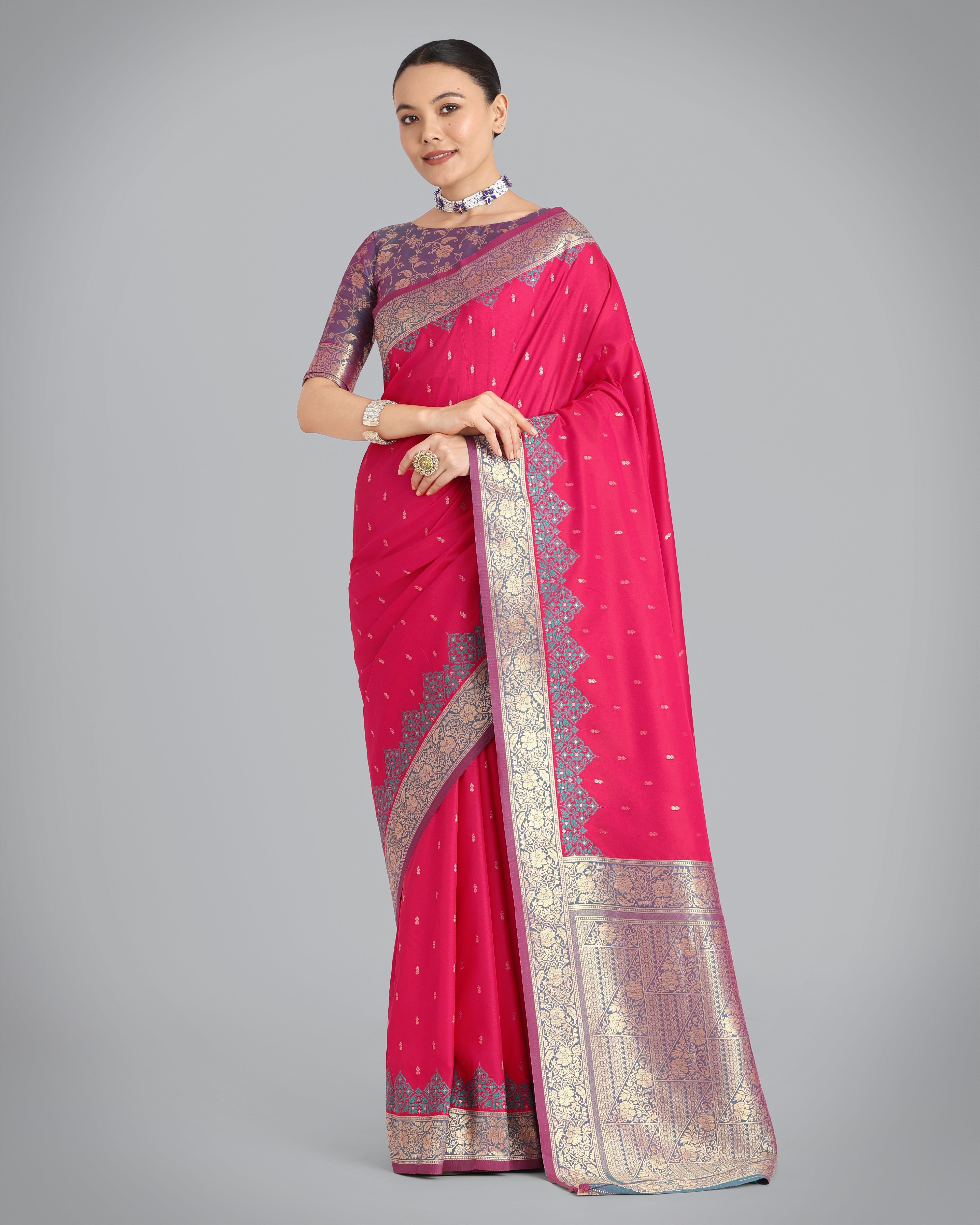 Dark Pink Banarasi Soft Silk Butti & Zari Weave Tradition Saree