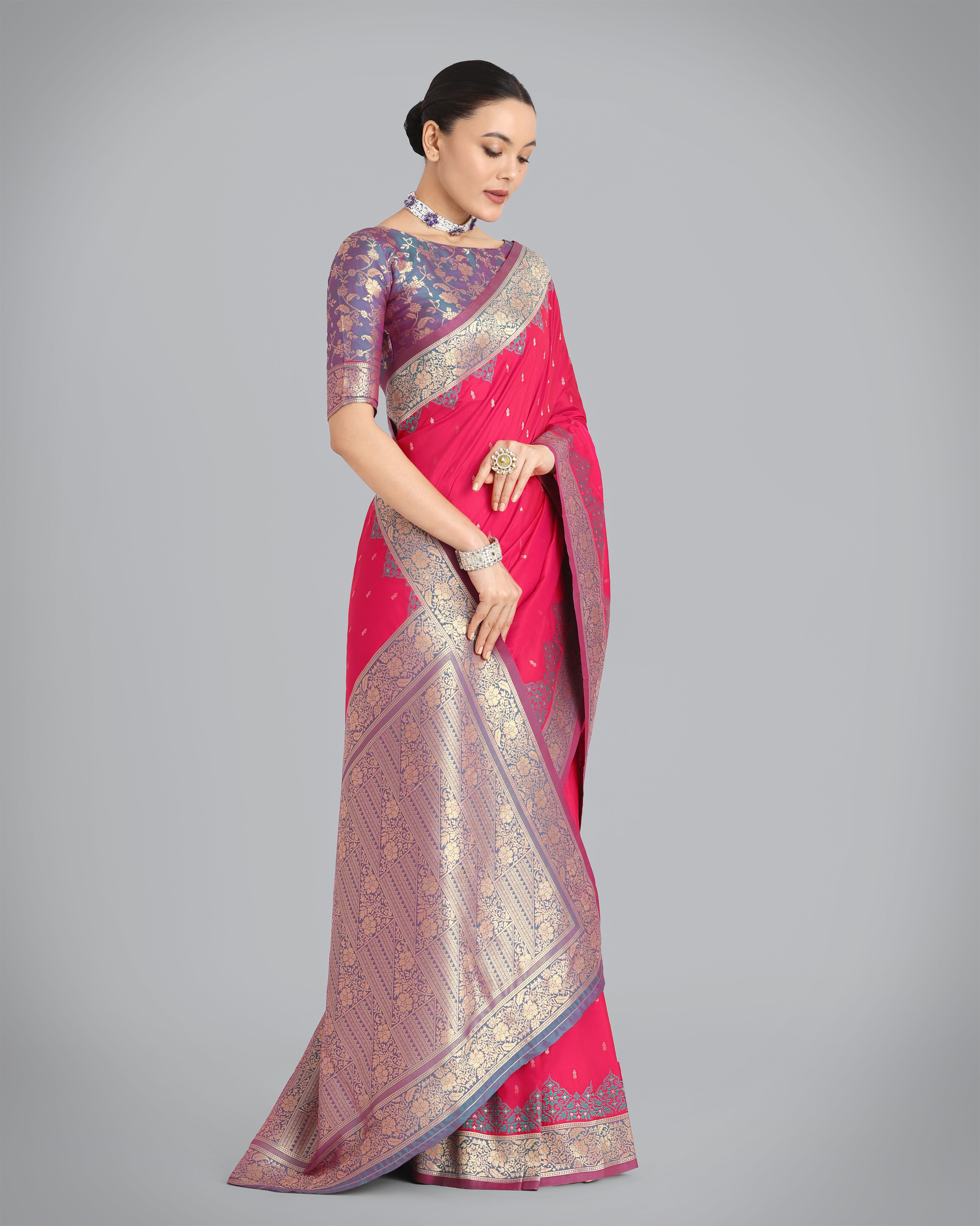 Dark Pink Banarasi Soft Silk Butti & Zari Weave Tradition Saree