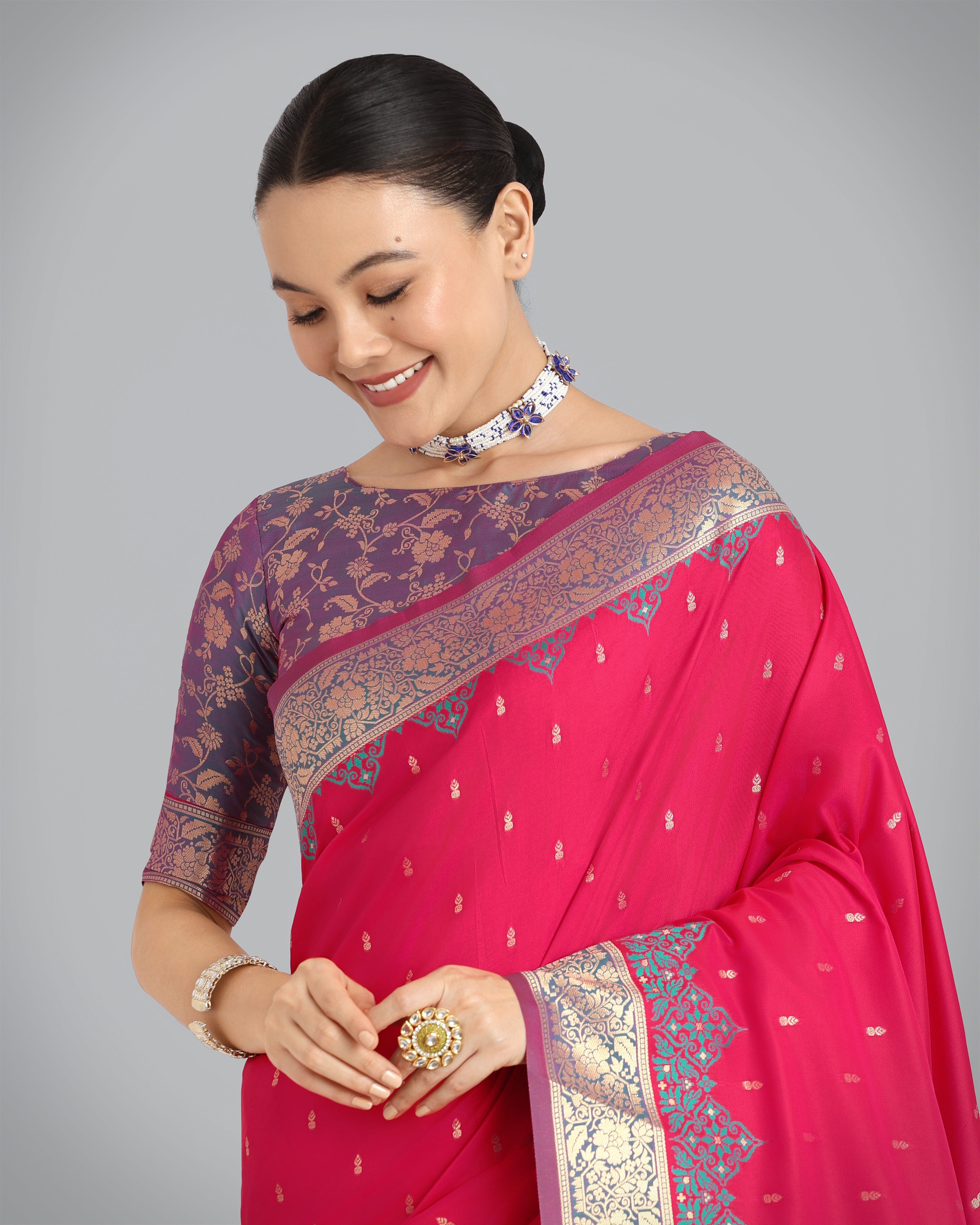 Dark Pink Banarasi Soft Silk Butti & Zari Weave Tradition Saree