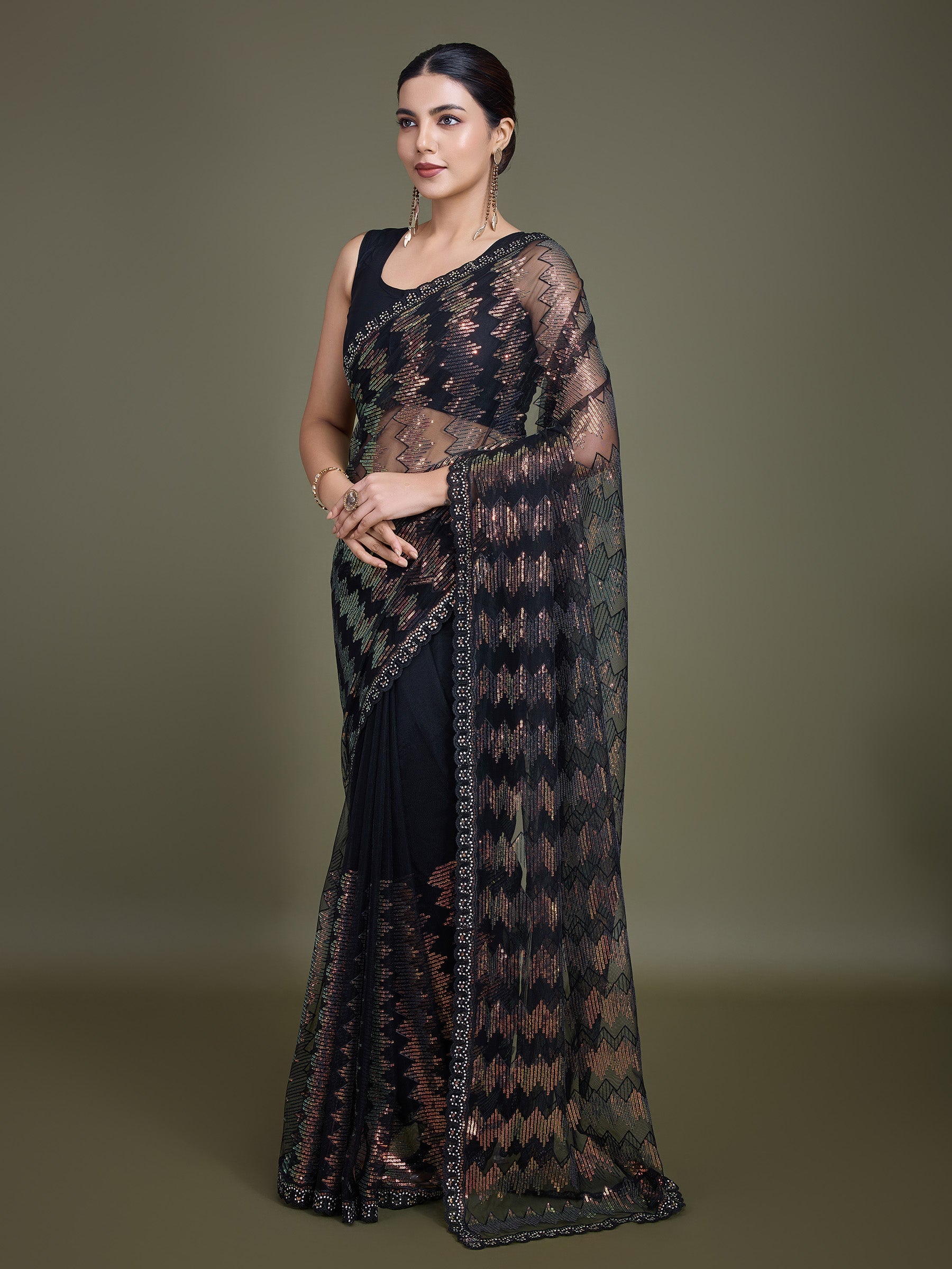 Black Net Sparkling Sequin Stunning Saree - Monjolika Fashion
