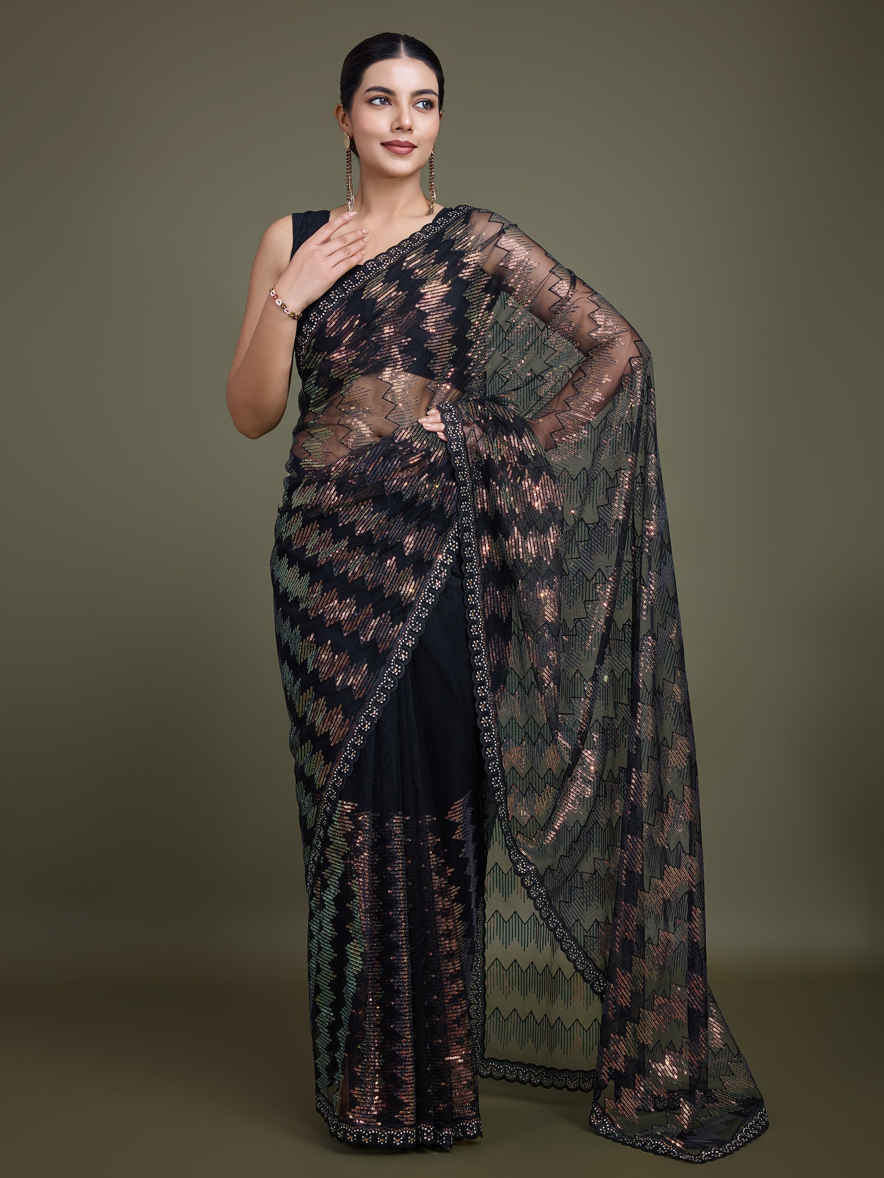 Black Net Sparkling Sequin Stunning Saree - Monjolika Fashion