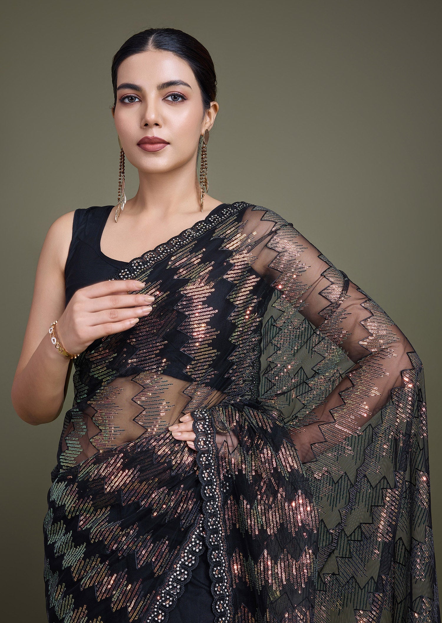 Black Net Sparkling Sequin Stunning Saree - Monjolika Fashion