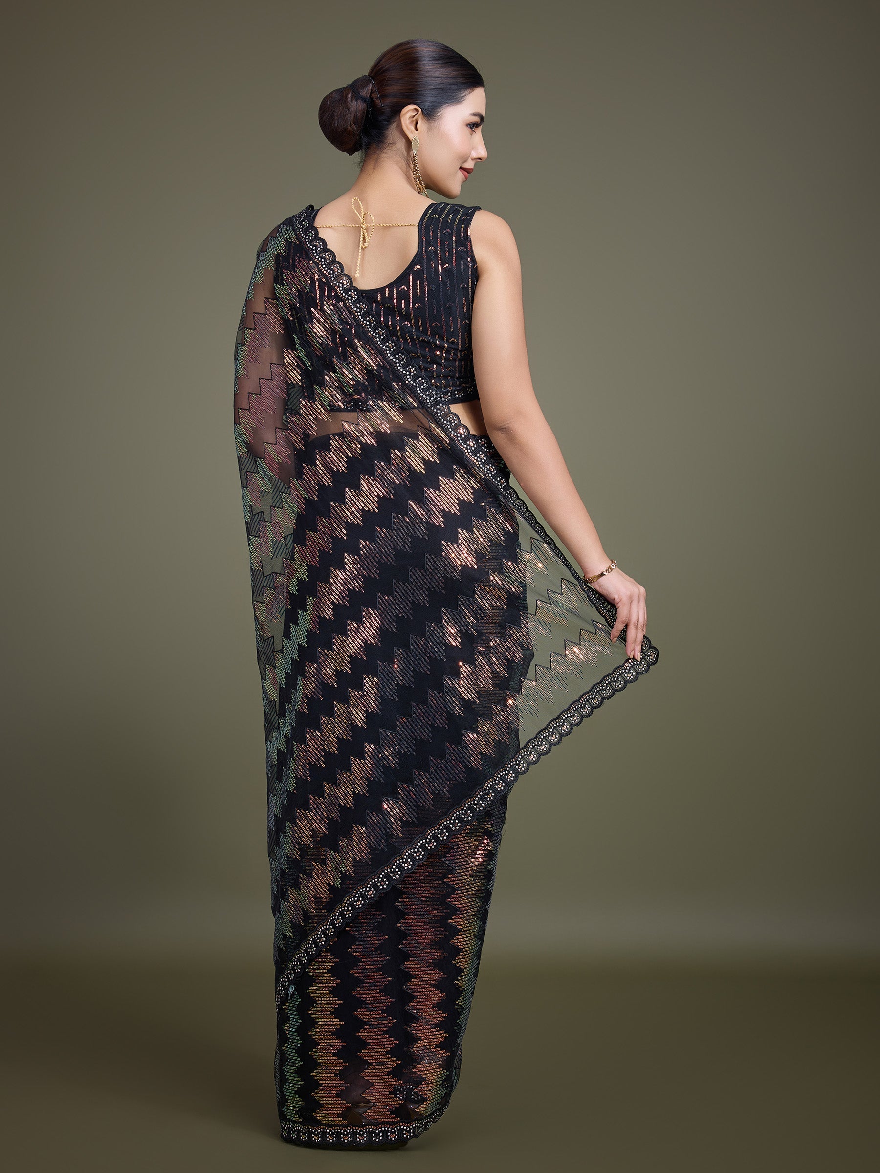Black Net Sparkling Sequin Stunning Saree - Monjolika Fashion