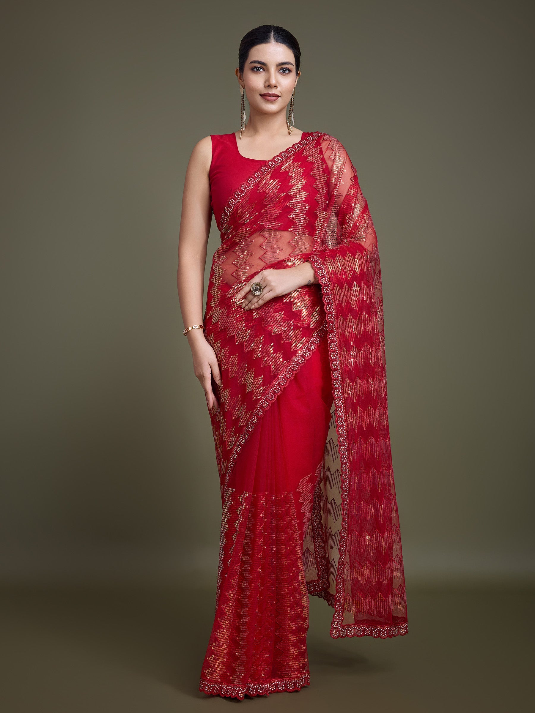 Red Soft Net Sequin Work Sparkling Saree - Monjolika Fashion
