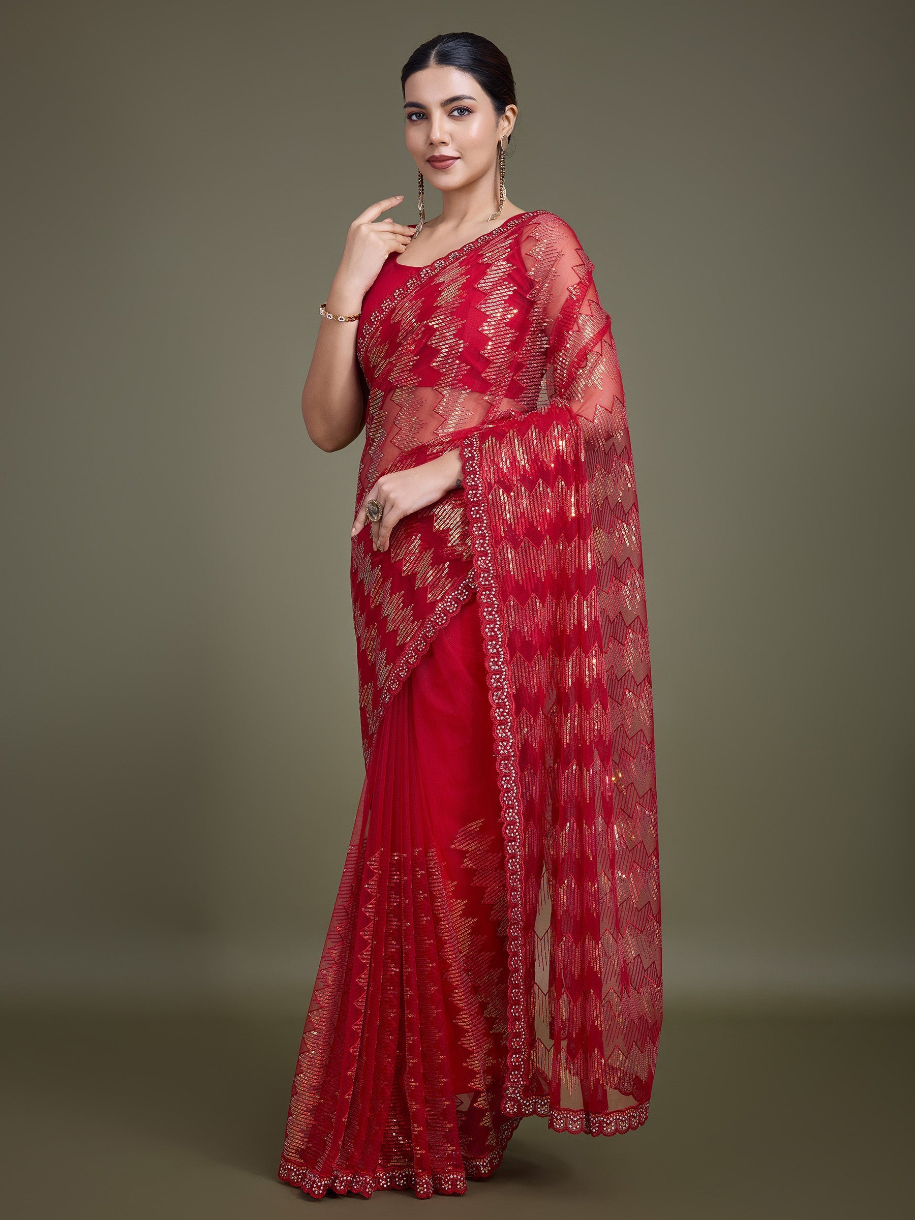 Red Soft Net Sequin Work Sparkling Saree - Monjolika Fashion