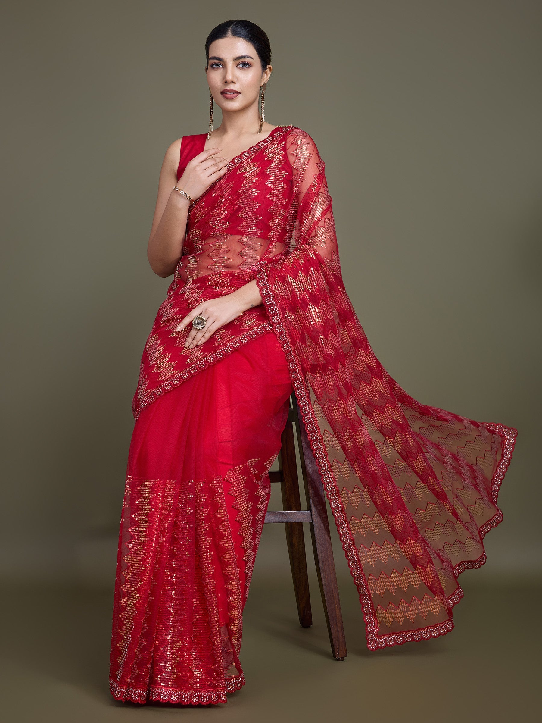 Red Soft Net Sequin Work Sparkling Saree - Monjolika Fashion