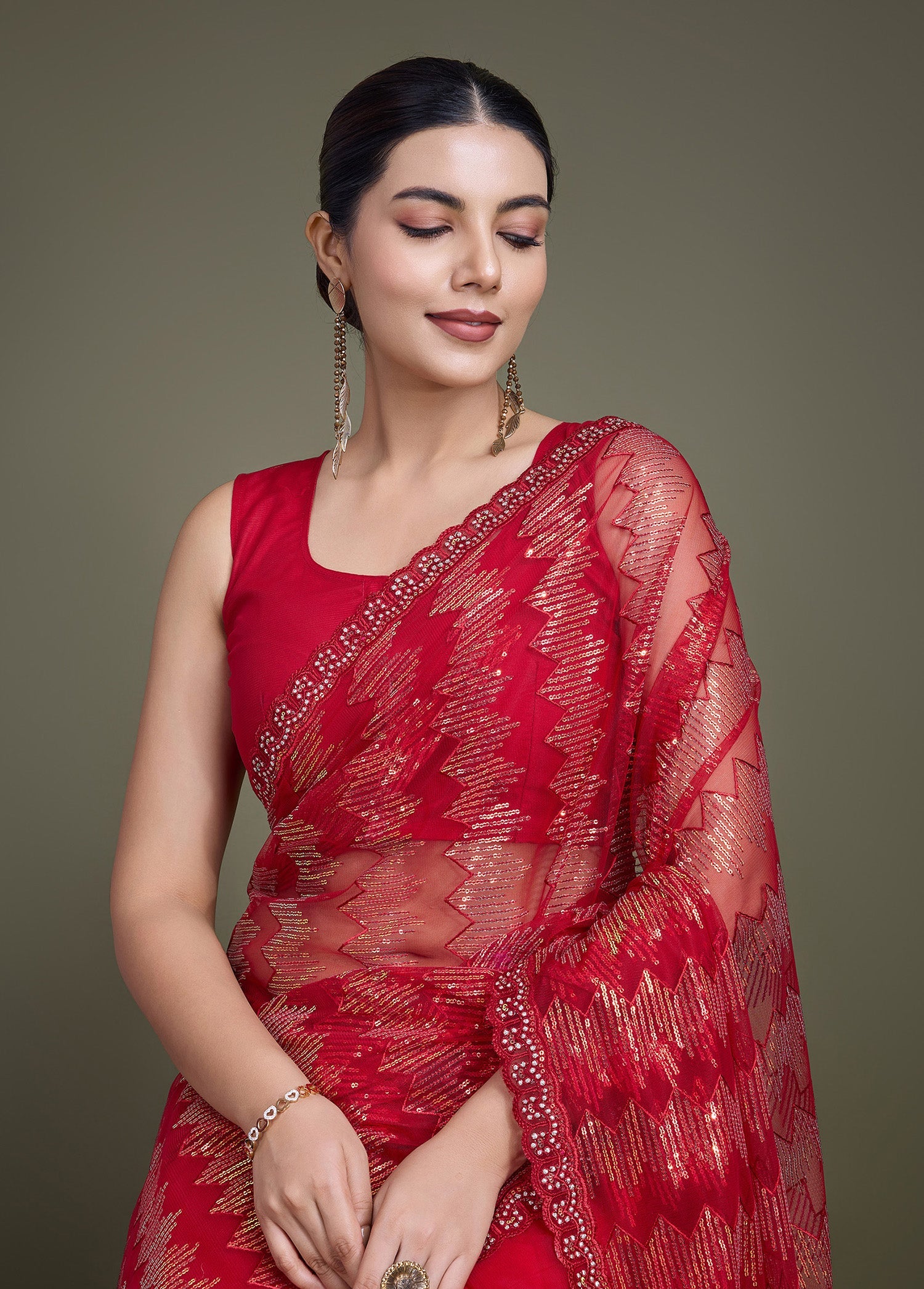 Red Soft Net Sequin Work Sparkling Saree - Monjolika Fashion