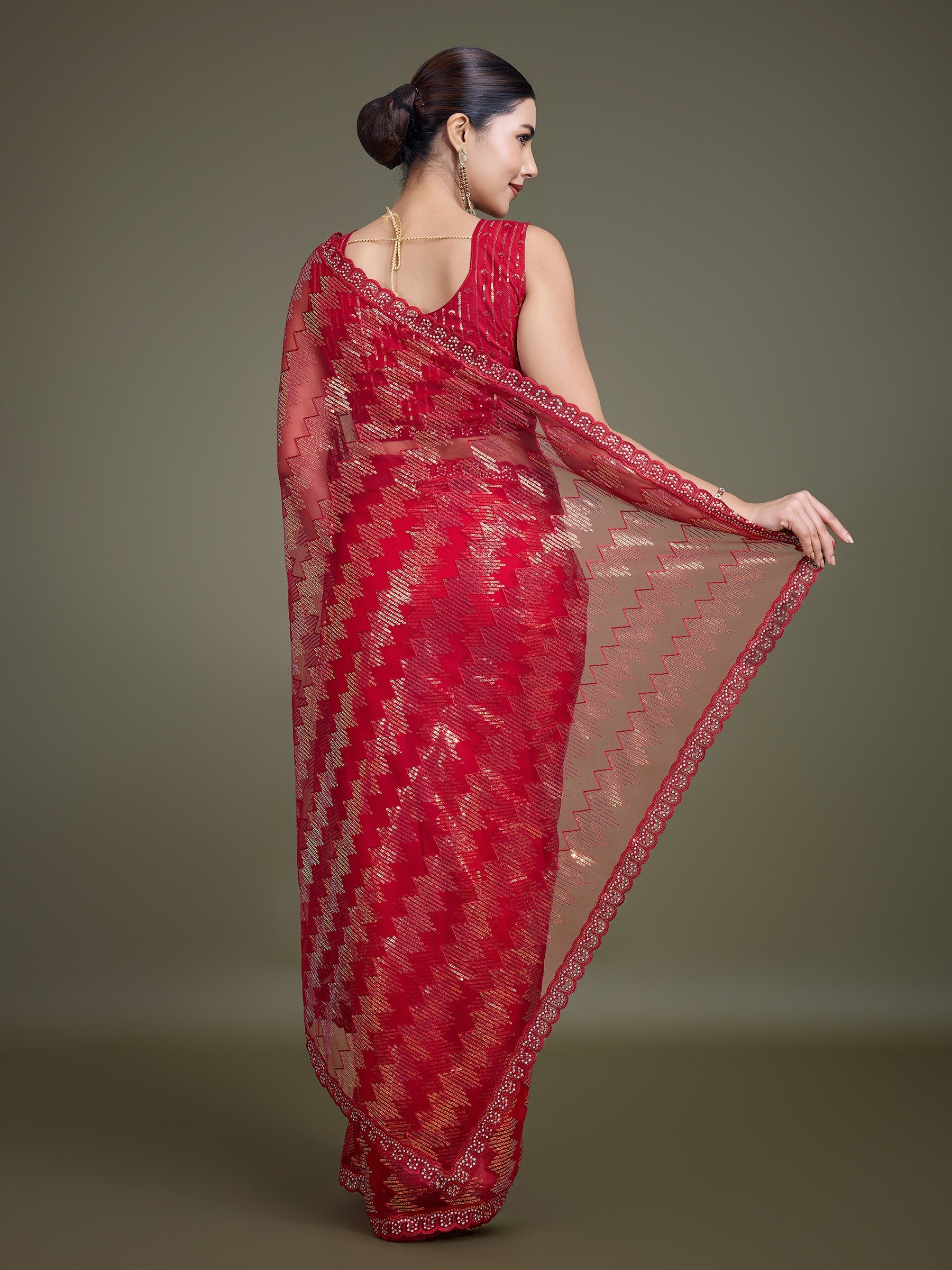 Red Soft Net Sequin Work Sparkling Saree - Monjolika Fashion