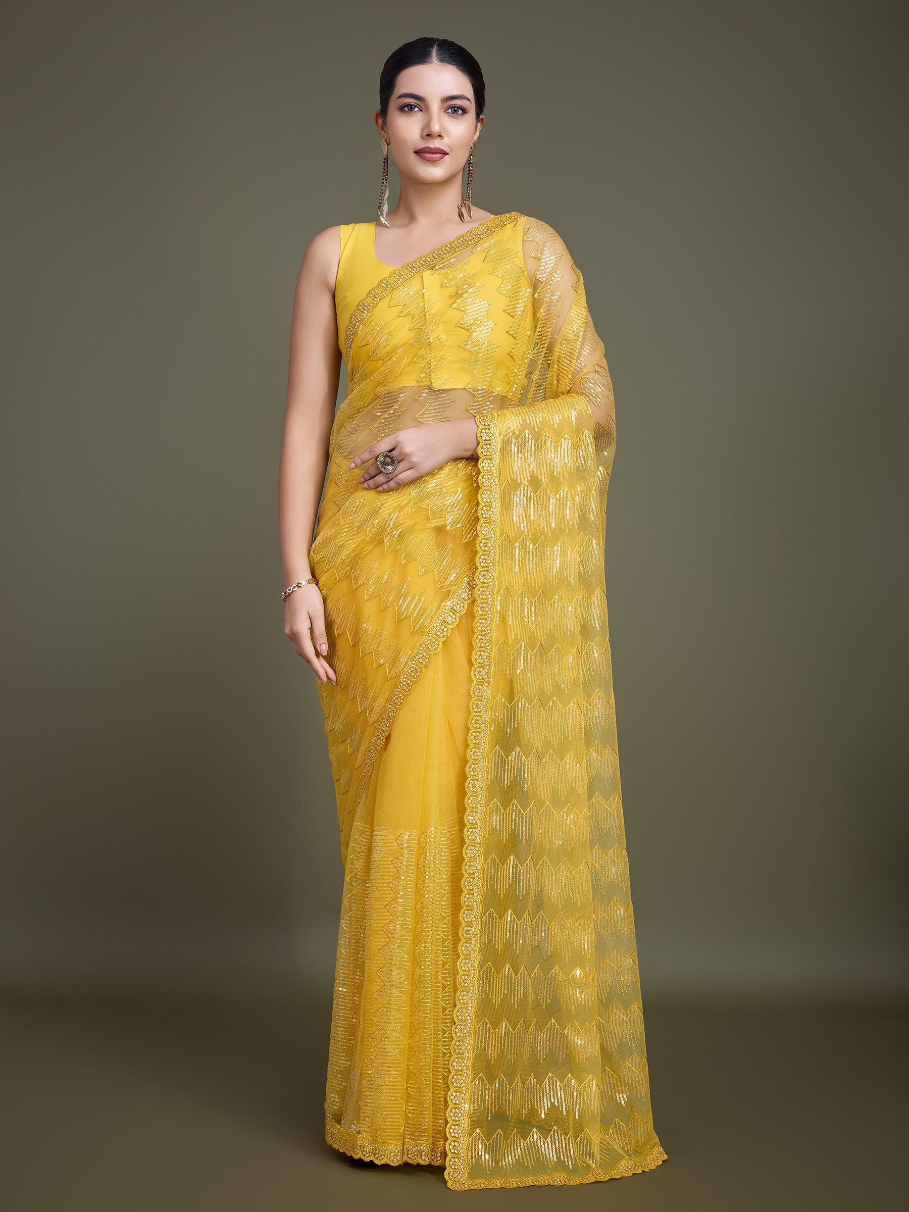 Yellow Soft Net Sequin Party Wear Saree - Monjolika Fashion