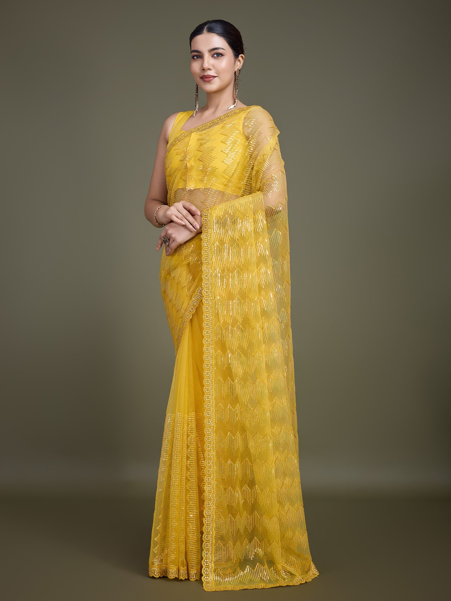 Yellow Soft Net Sequin Party Wear Saree - Monjolika Fashion