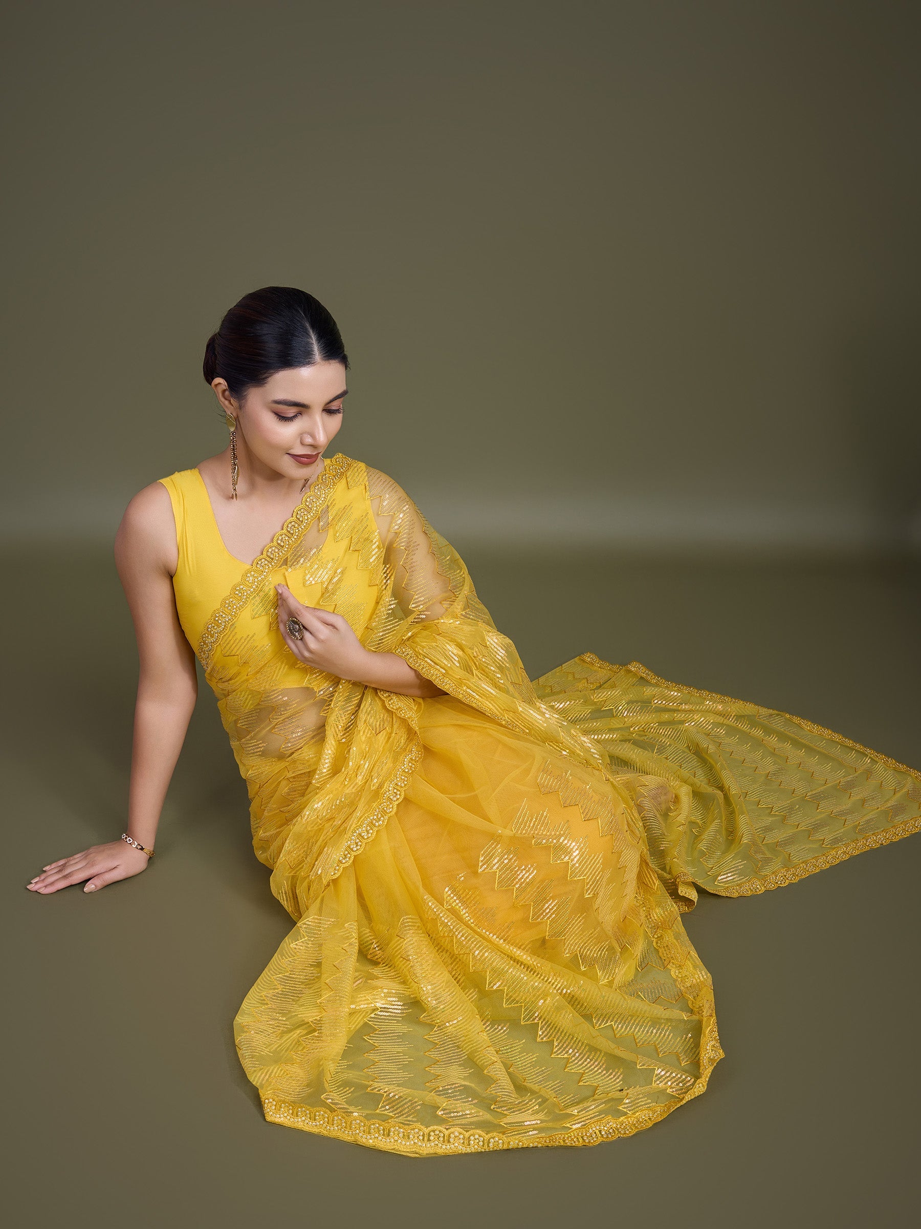 Yellow Soft Net Sequin Party Wear Saree - Monjolika Fashion