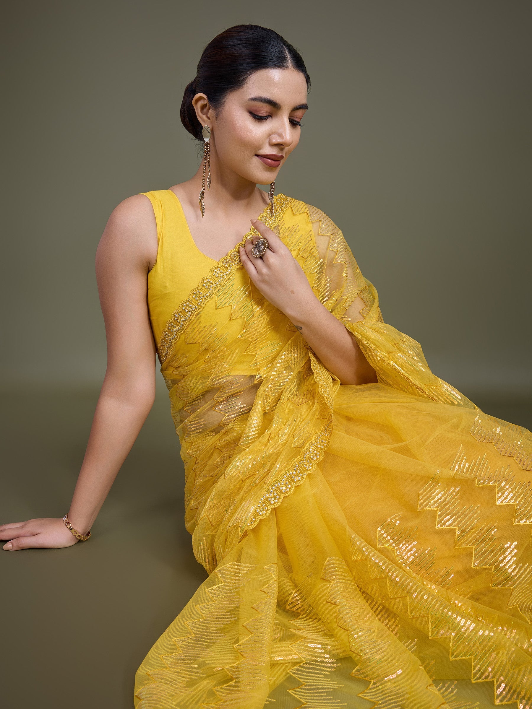 Yellow Soft Net Sequin Party Wear Saree - Monjolika Fashion