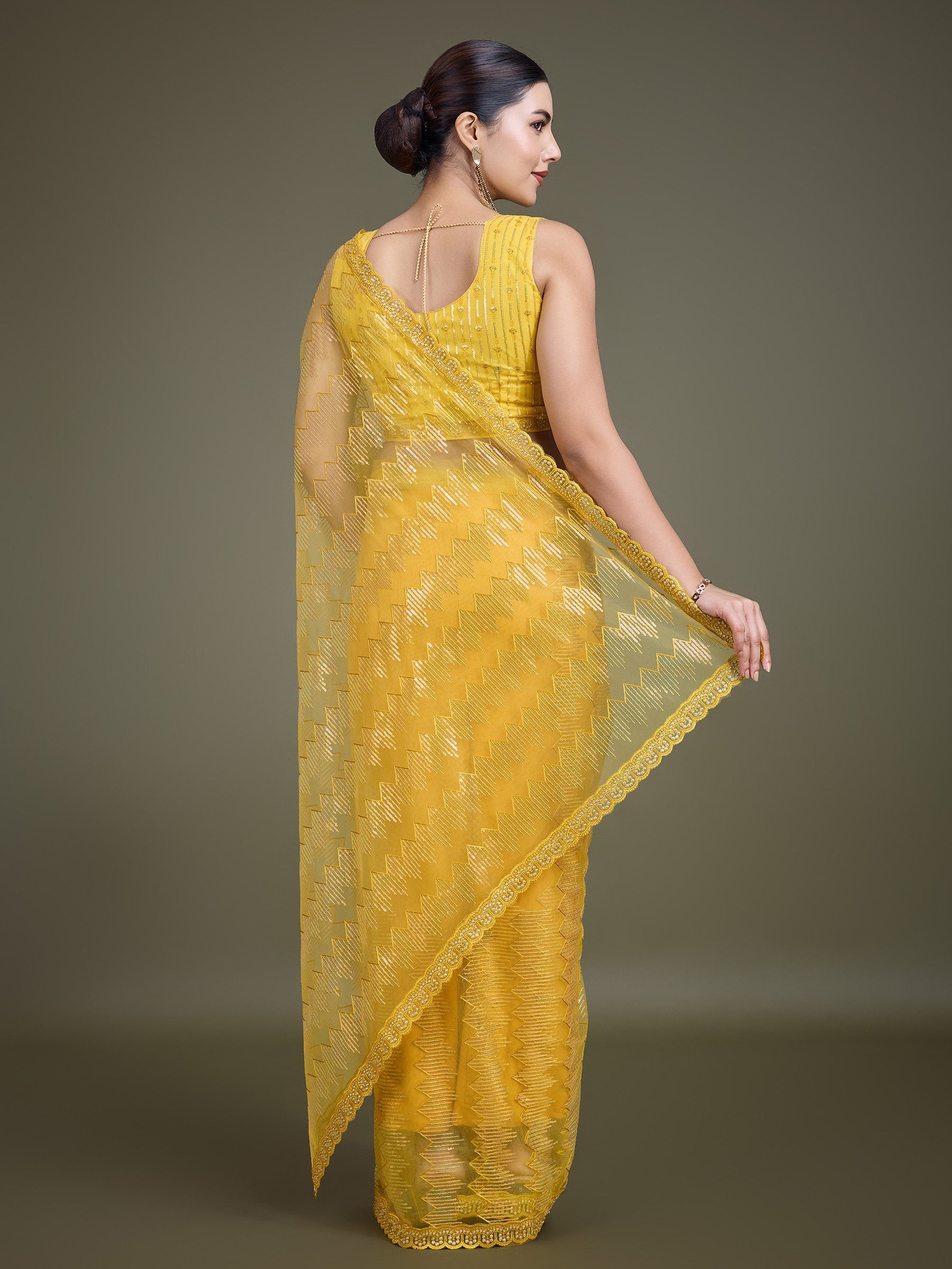 Yellow Soft Net Sequin Party Wear Saree - Monjolika Fashion
