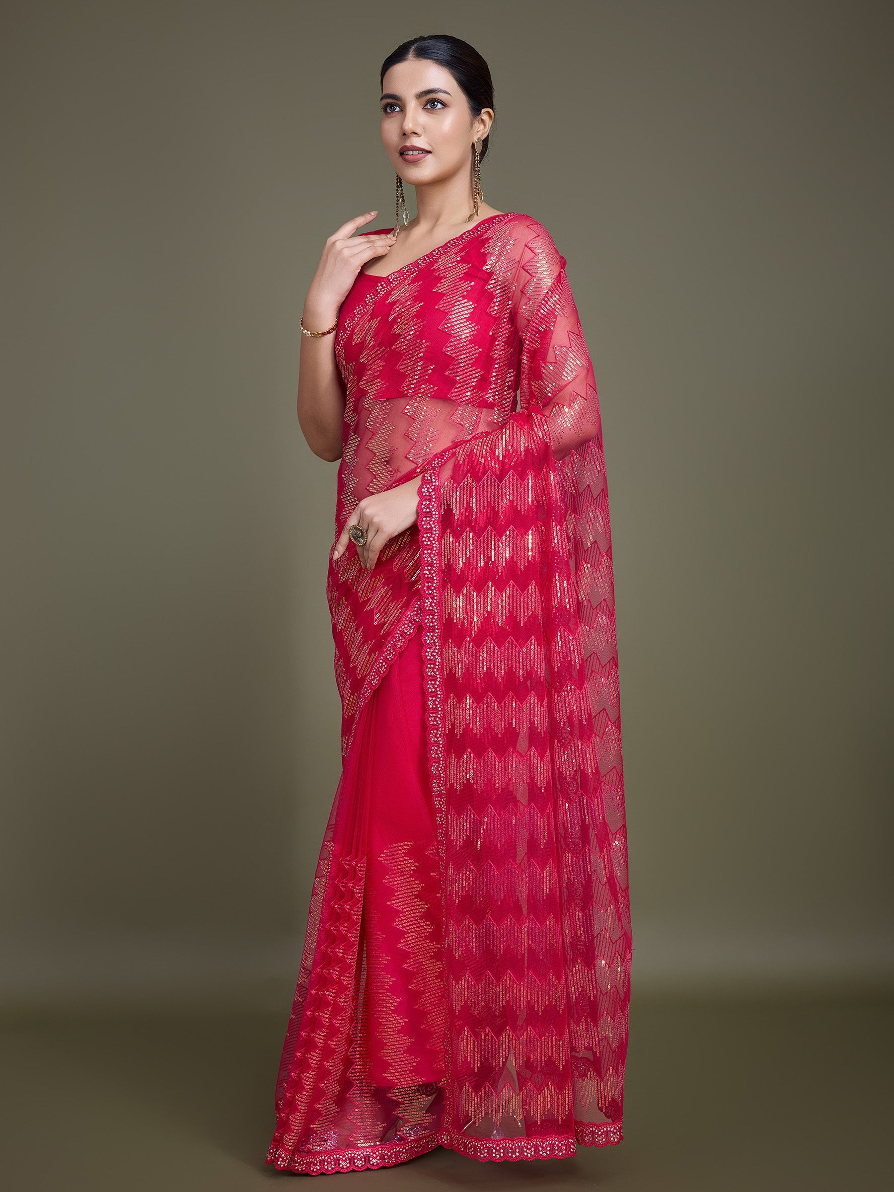 Dark Pink Net Sparkling Sequin Party Wear Saree - Monjolika Fashion