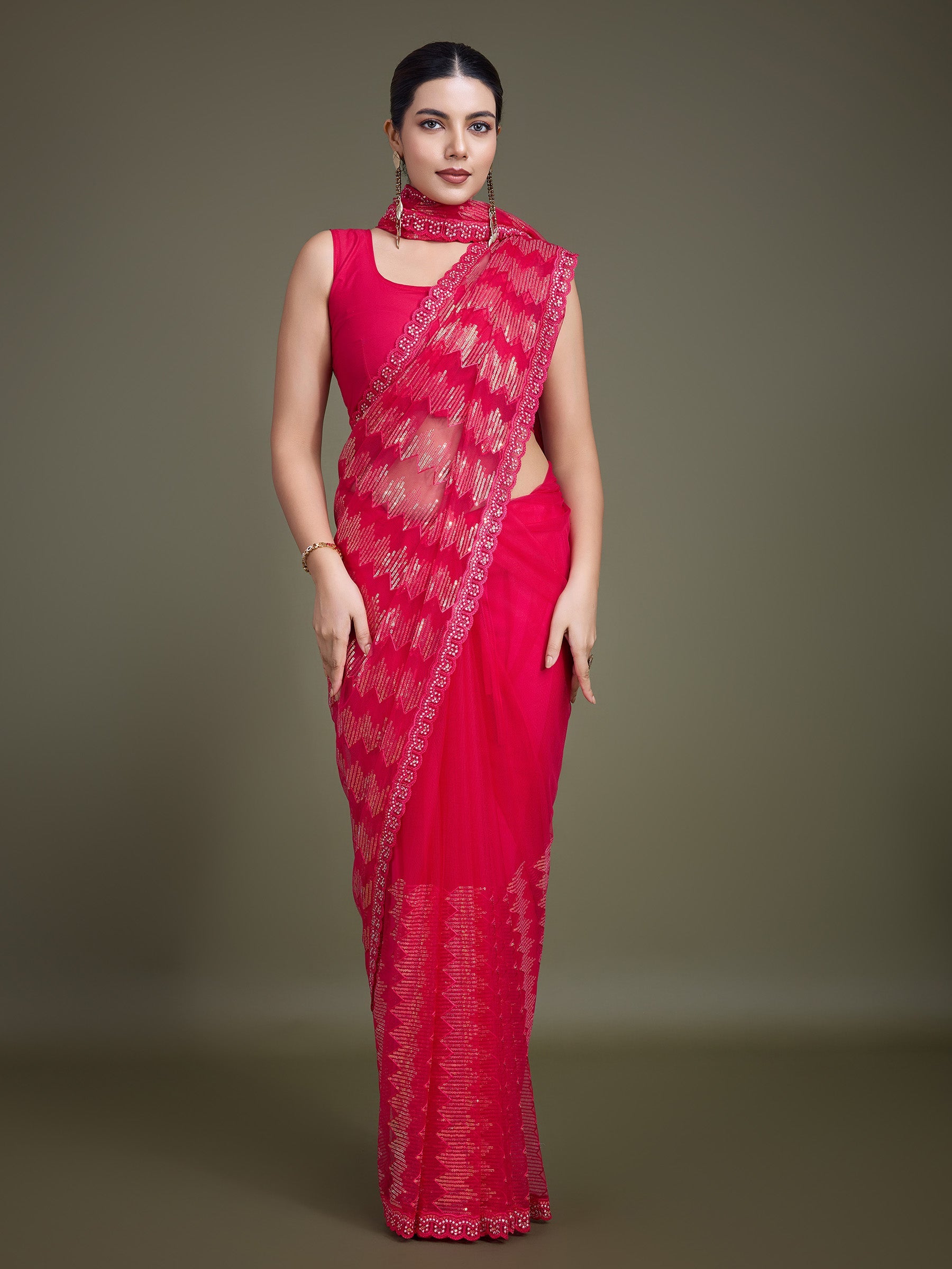 Dark Pink Net Sparkling Sequin Party Wear Saree - Monjolika Fashion