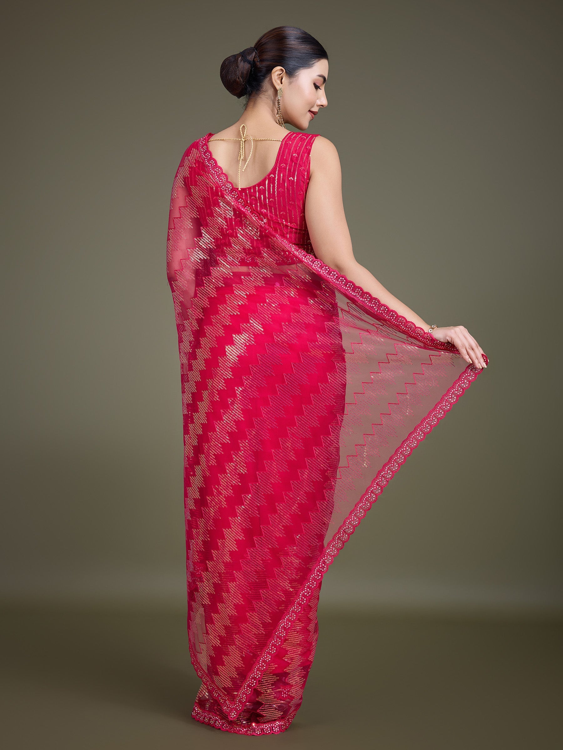 Dark Pink Net Sparkling Sequin Party Wear Saree - Monjolika Fashion