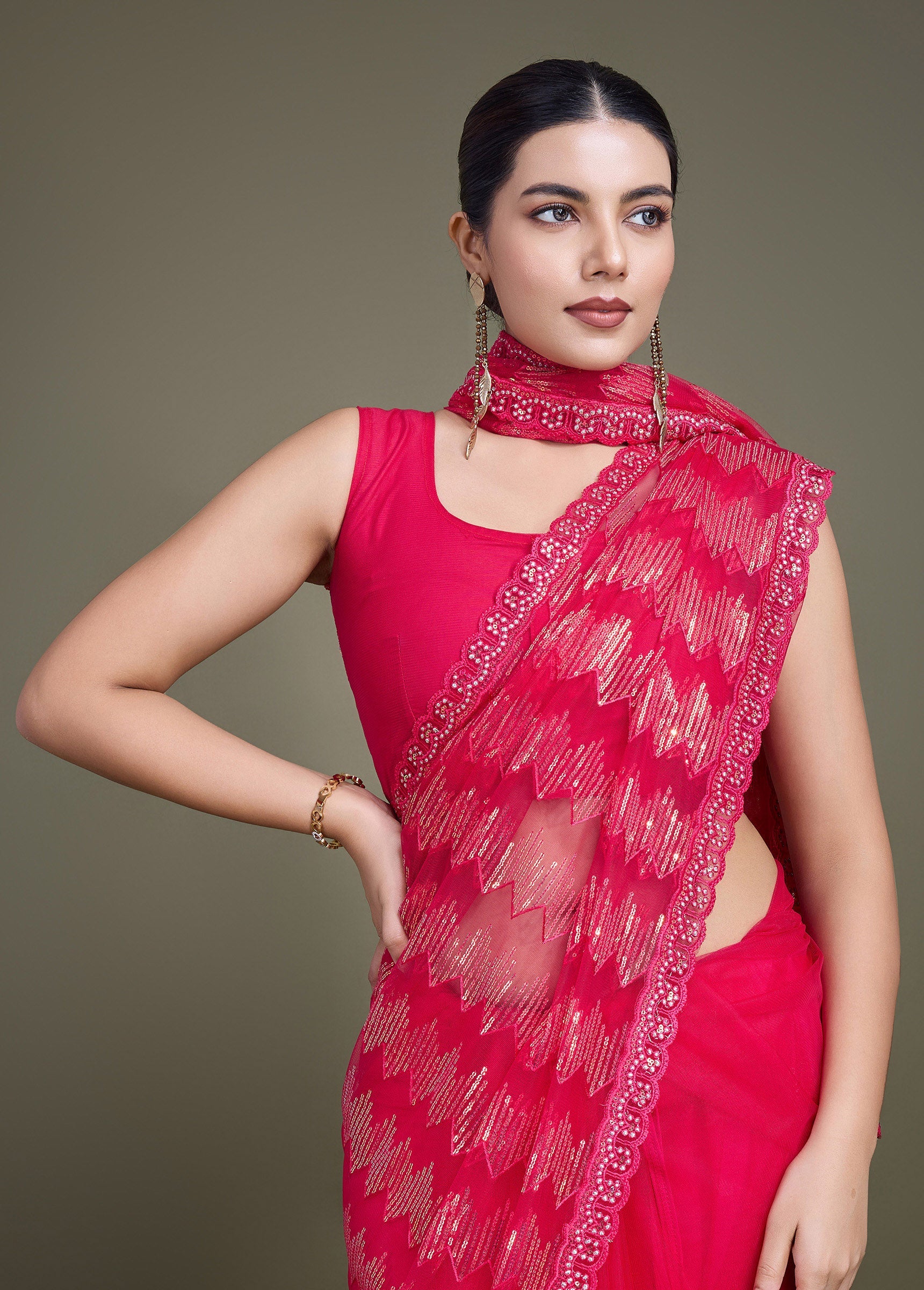 Dark Pink Net Sparkling Sequin Party Wear Saree - Monjolika Fashion