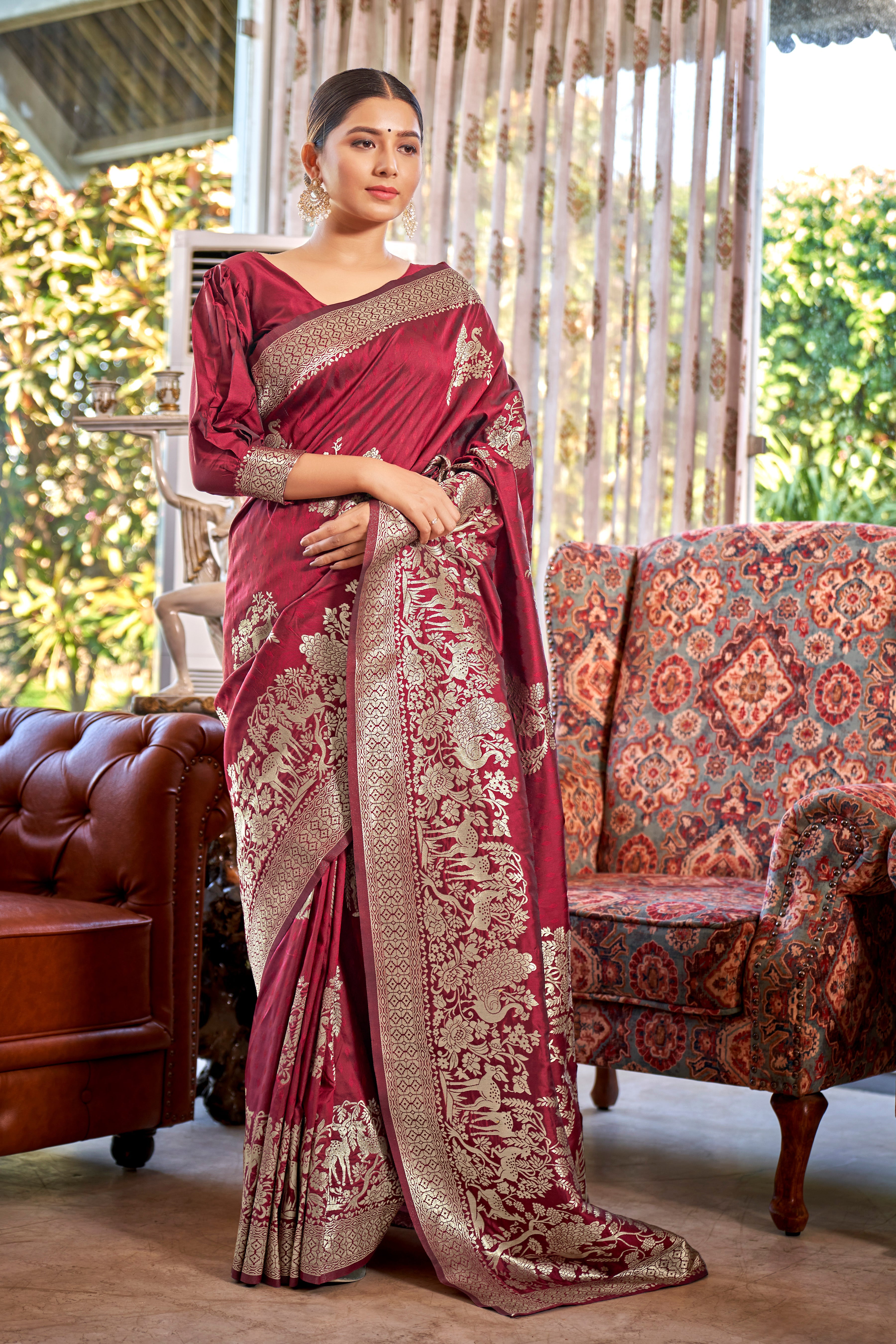 Bright Pink Banarasi Silk Woven Saree With Blouse