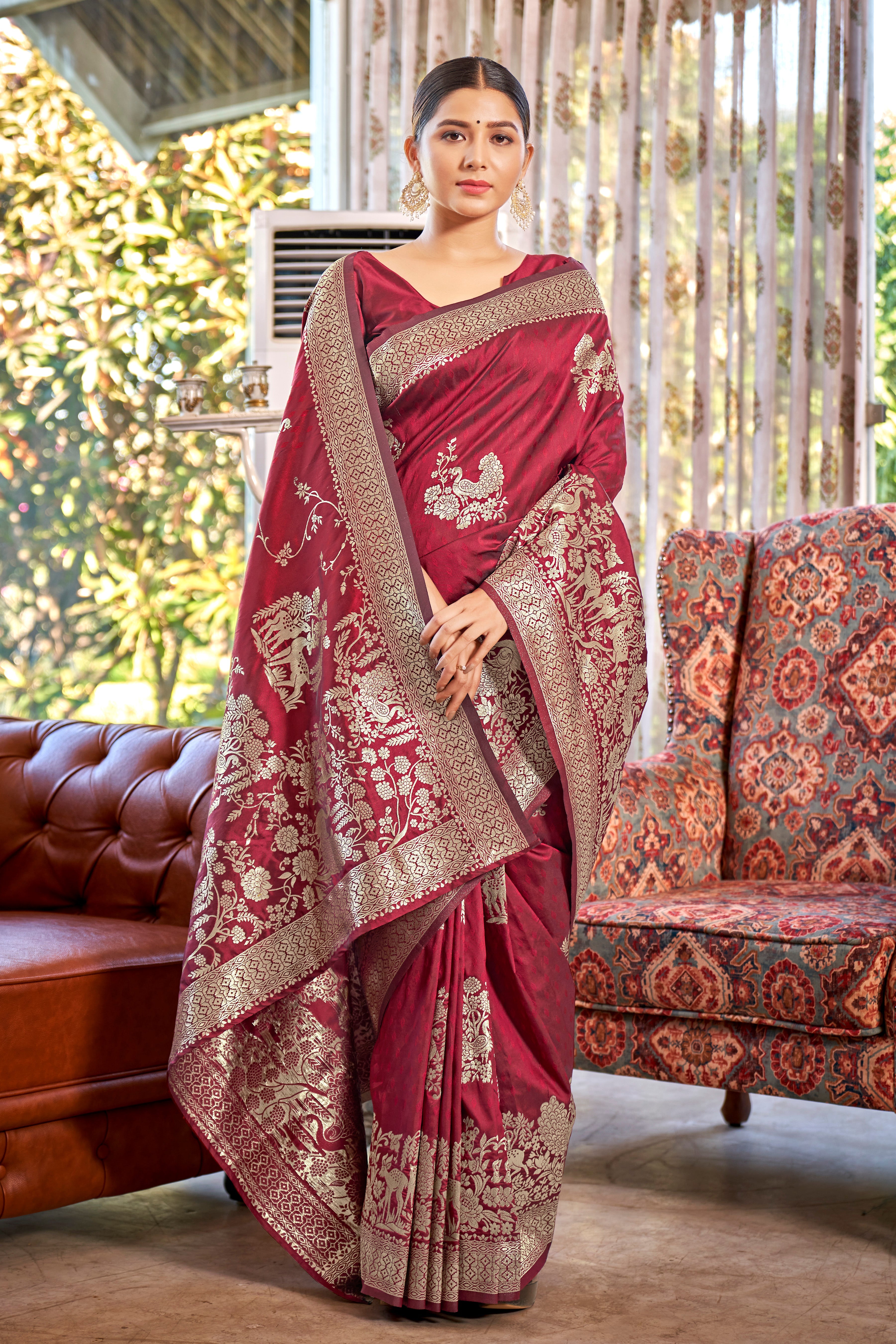 Bright Pink Banarasi Silk Woven Saree With Blouse