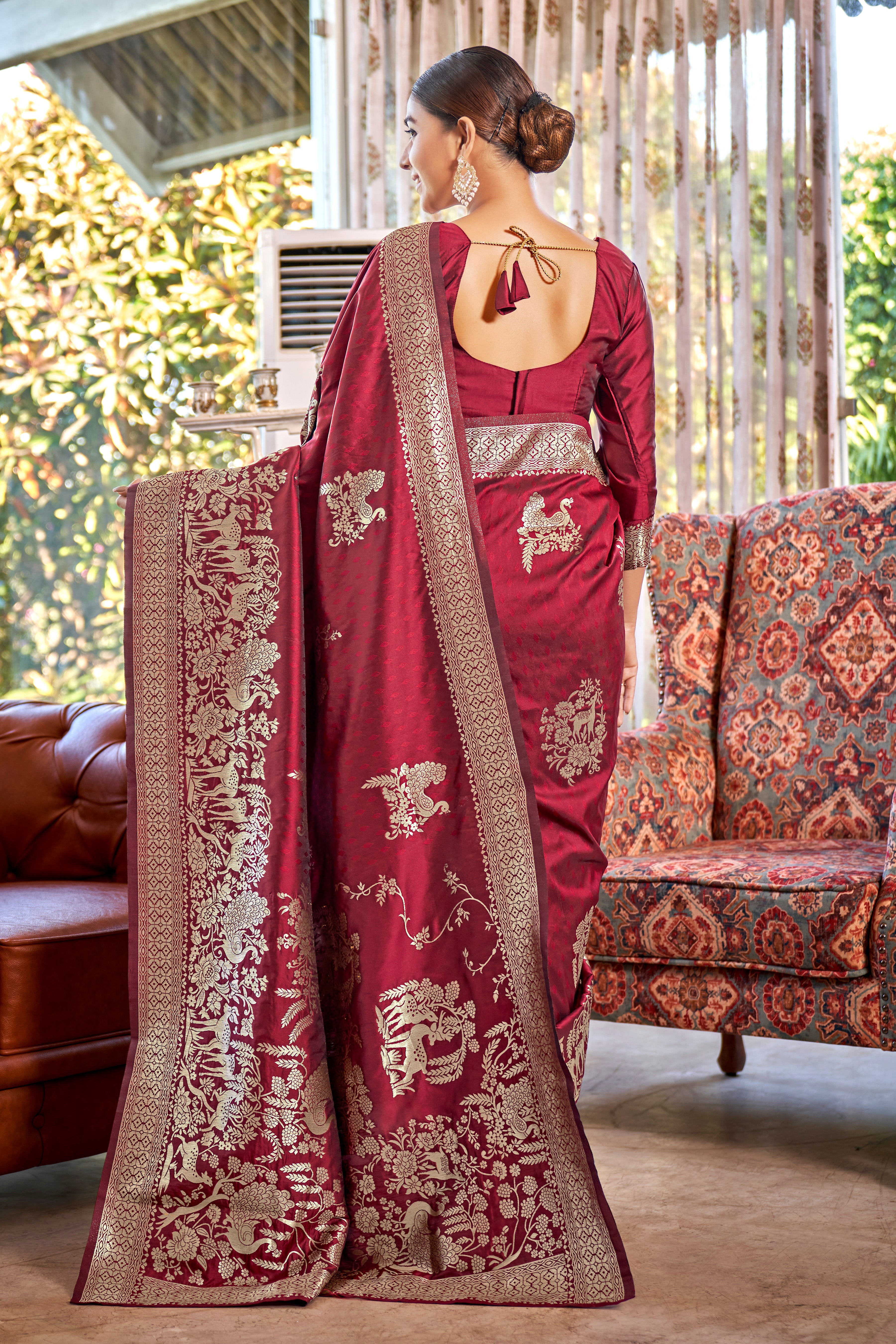 Bright Pink Banarasi Silk Woven Saree With Blouse
