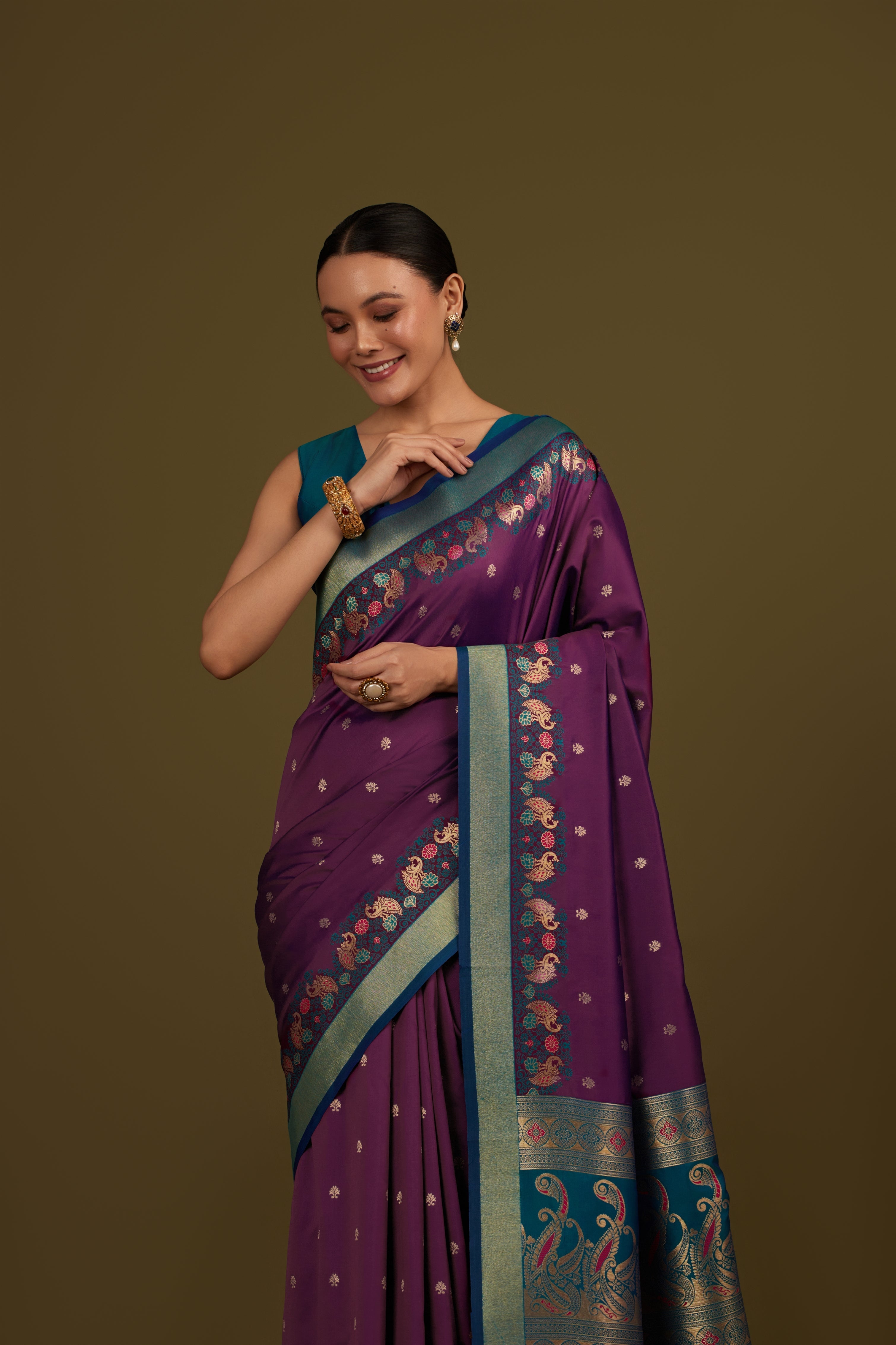 Dark Purple Banarasi Silk Blend Paisley Zari Pallu Saree