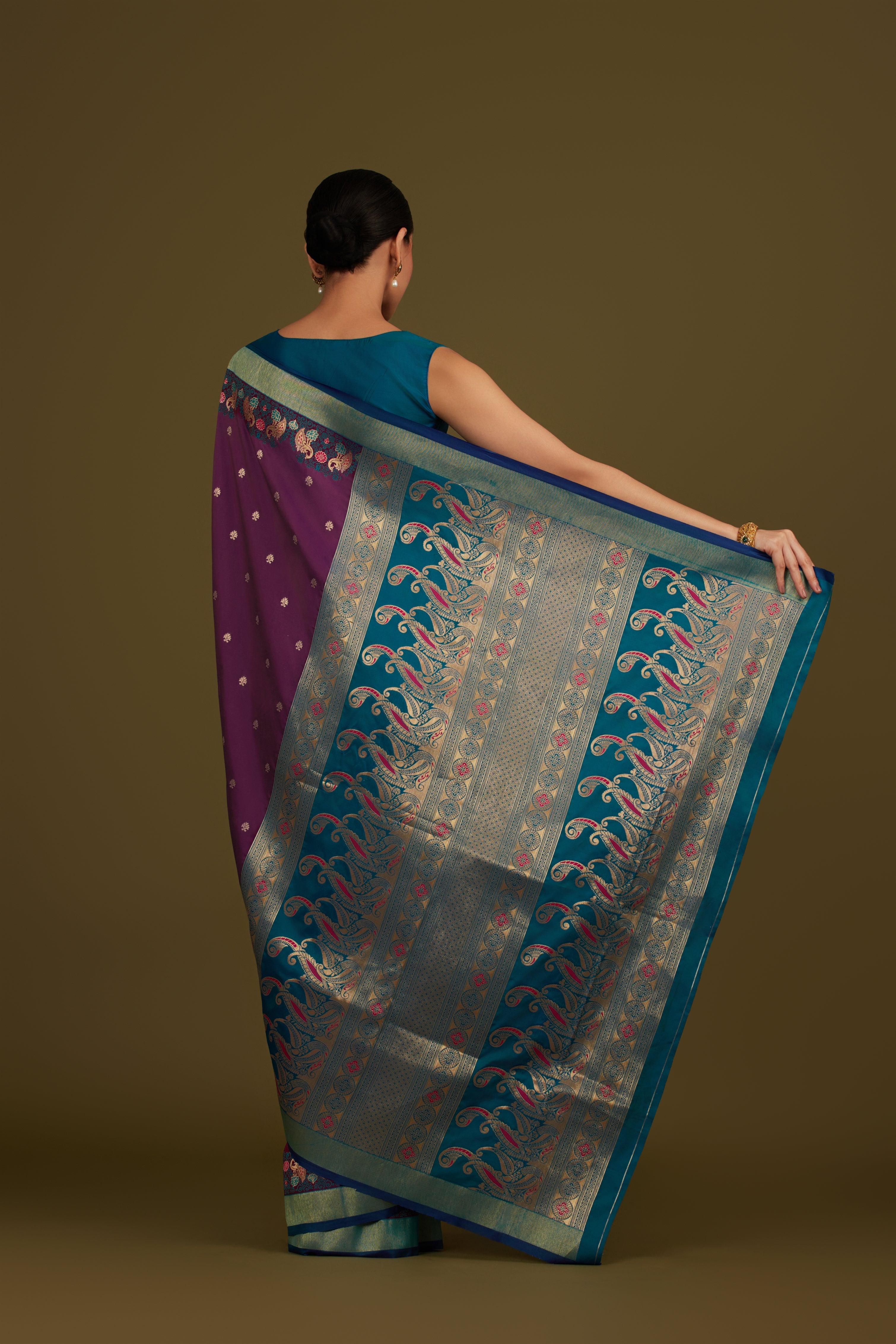 Dark Purple Banarasi Silk Blend Paisley Zari Pallu Saree