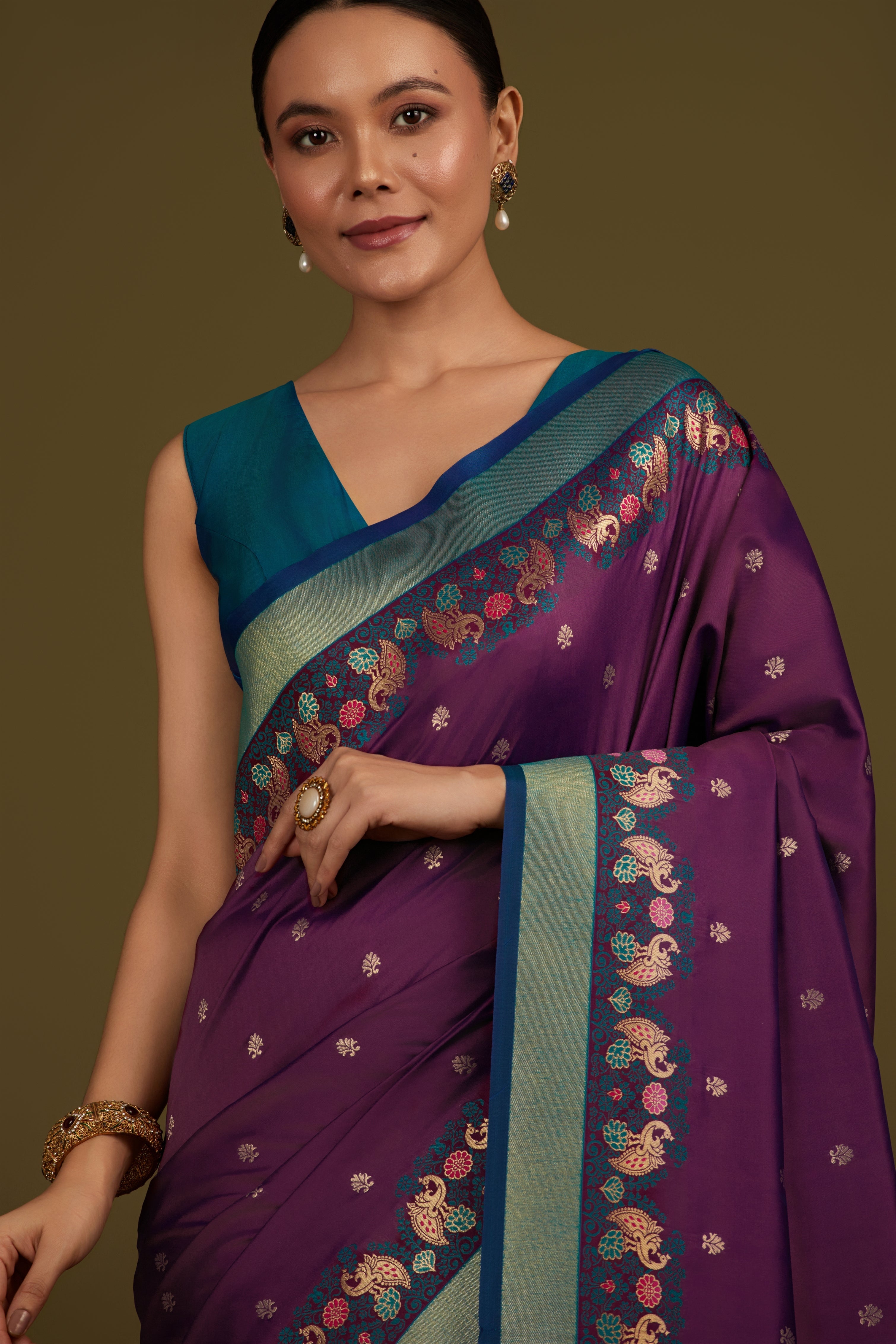 Dark Purple Banarasi Silk Blend Paisley Zari Pallu Saree