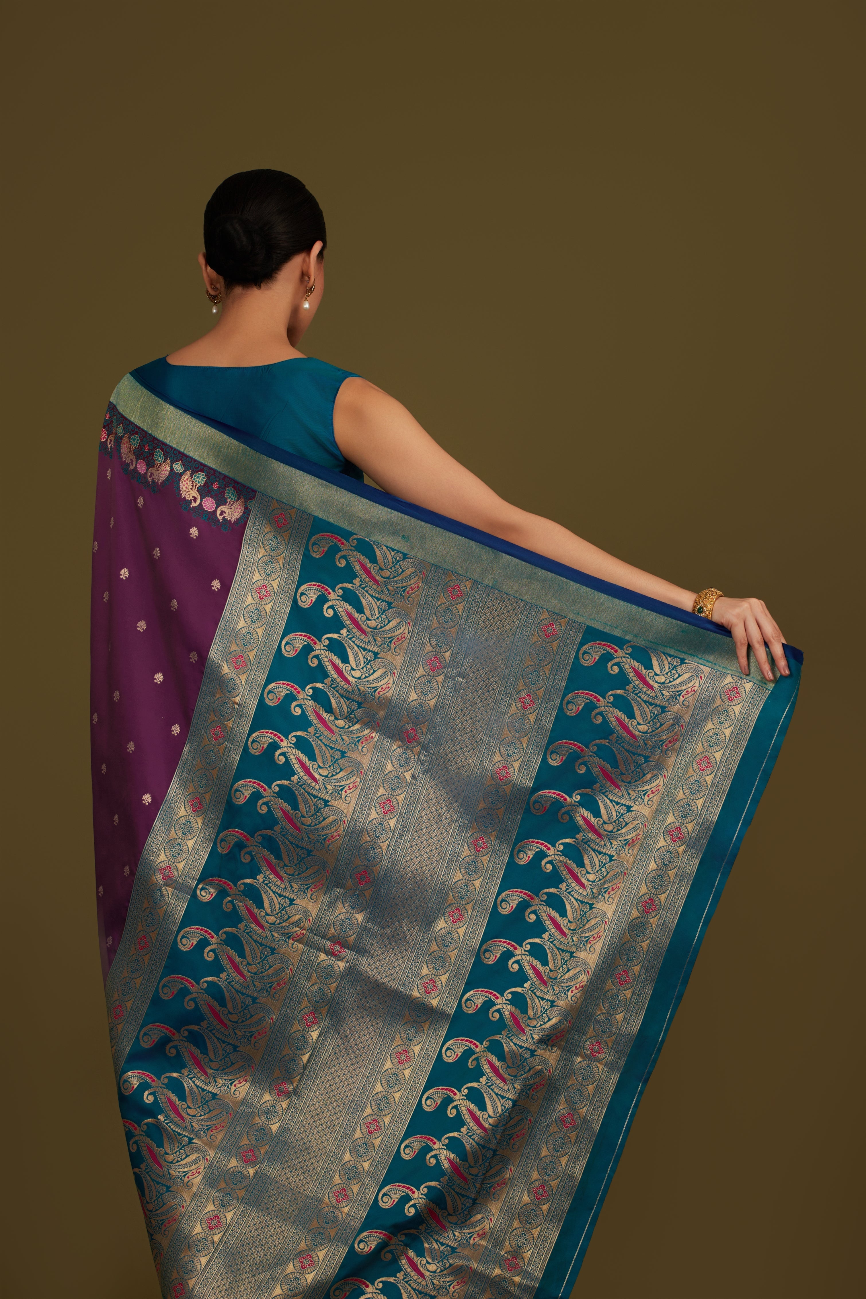 Dark Purple Banarasi Silk Blend Paisley Zari Pallu Saree