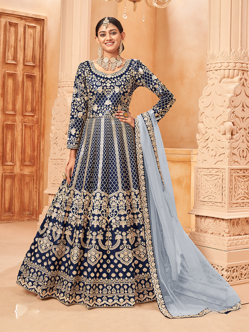 Navy Blue Art silk Embroidered Partywear Anarkali Suit - Monjolika Fashion