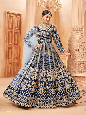 Navy Blue Art silk Embroidered Partywear Anarkali Suit