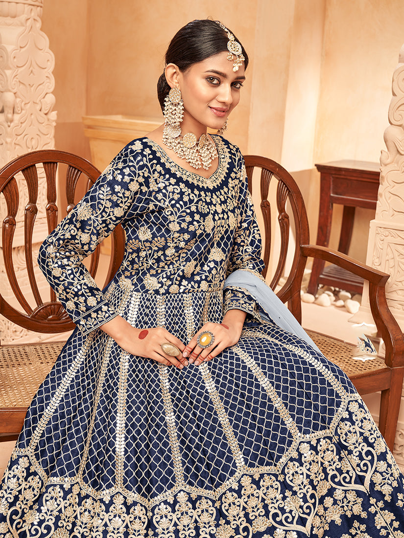 Navy Blue Art silk Embroidered Partywear Anarkali Suit - Monjolika Fashion