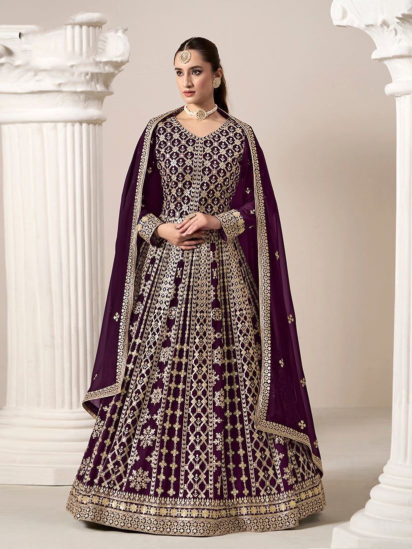 Dark Purple Faux Georgette Embroidered Ceremonial Anarkali Suit